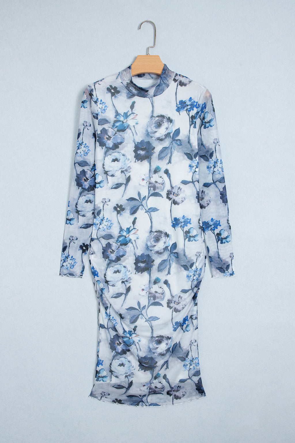 Sky Blue Floral Print Sheath Elegant Long Sleeve Dress