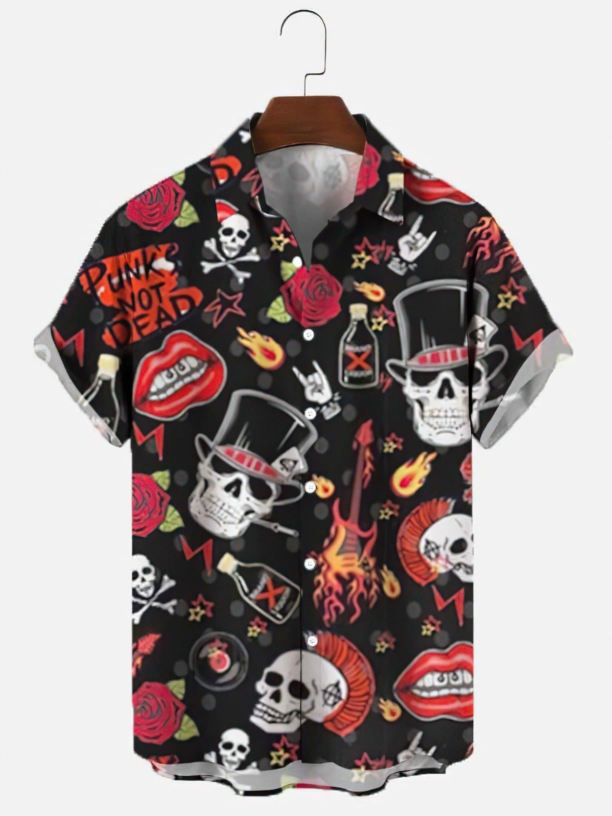 Herrenhemd mit Totenkopf- und Rosen-Print