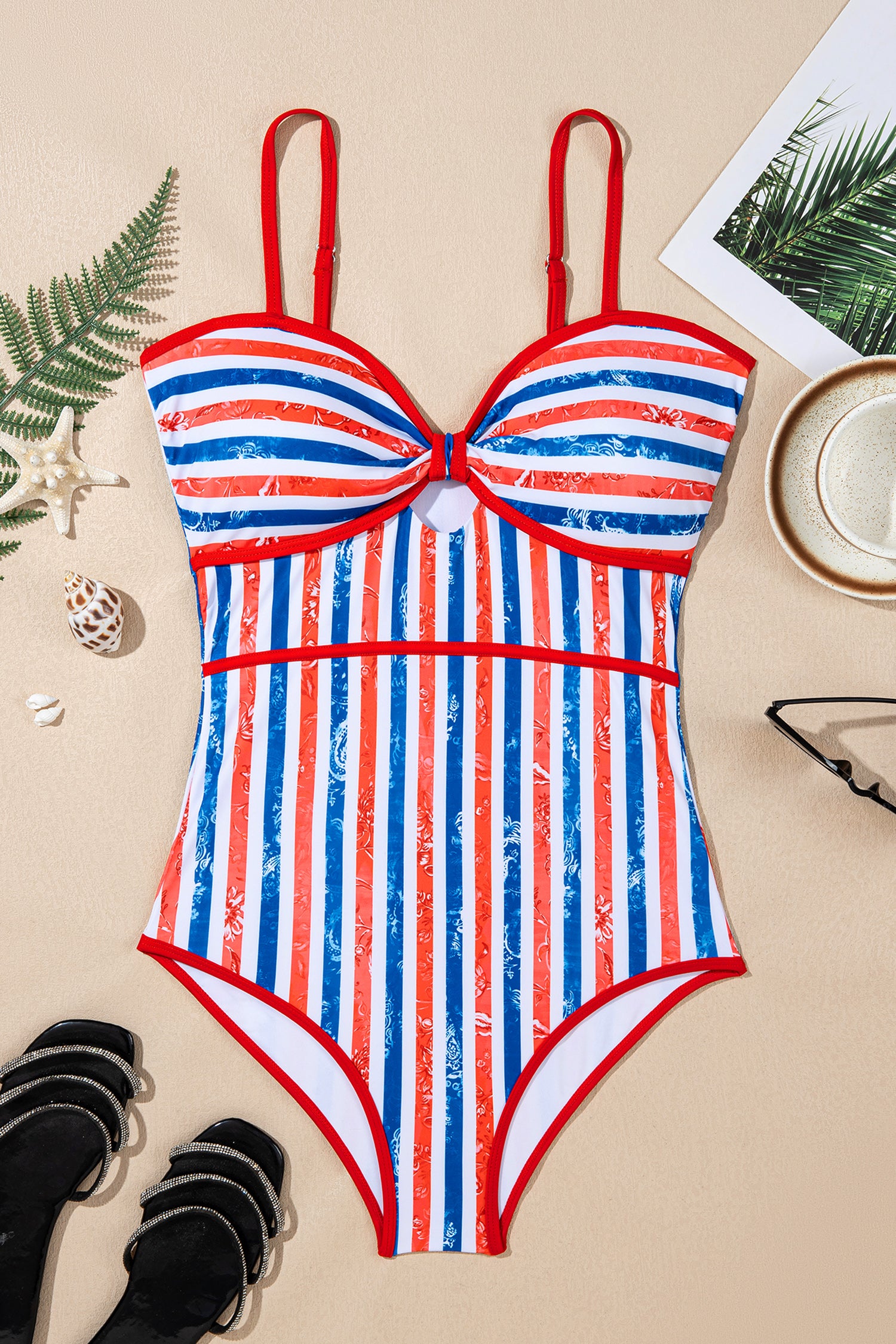 Red July 4th Stripes Impression Cutout Spaghetti Straps One Piece Swimsuit
