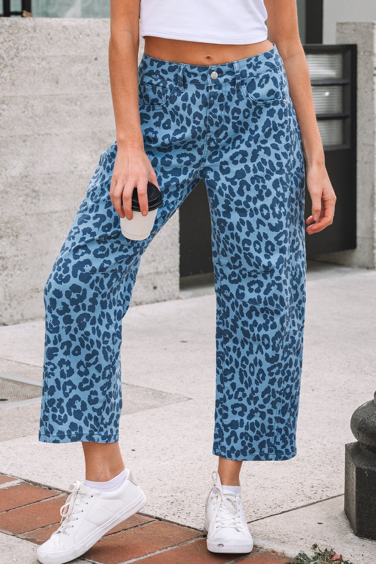 Sky Blue Leopard Print Barrel Leg Jeans