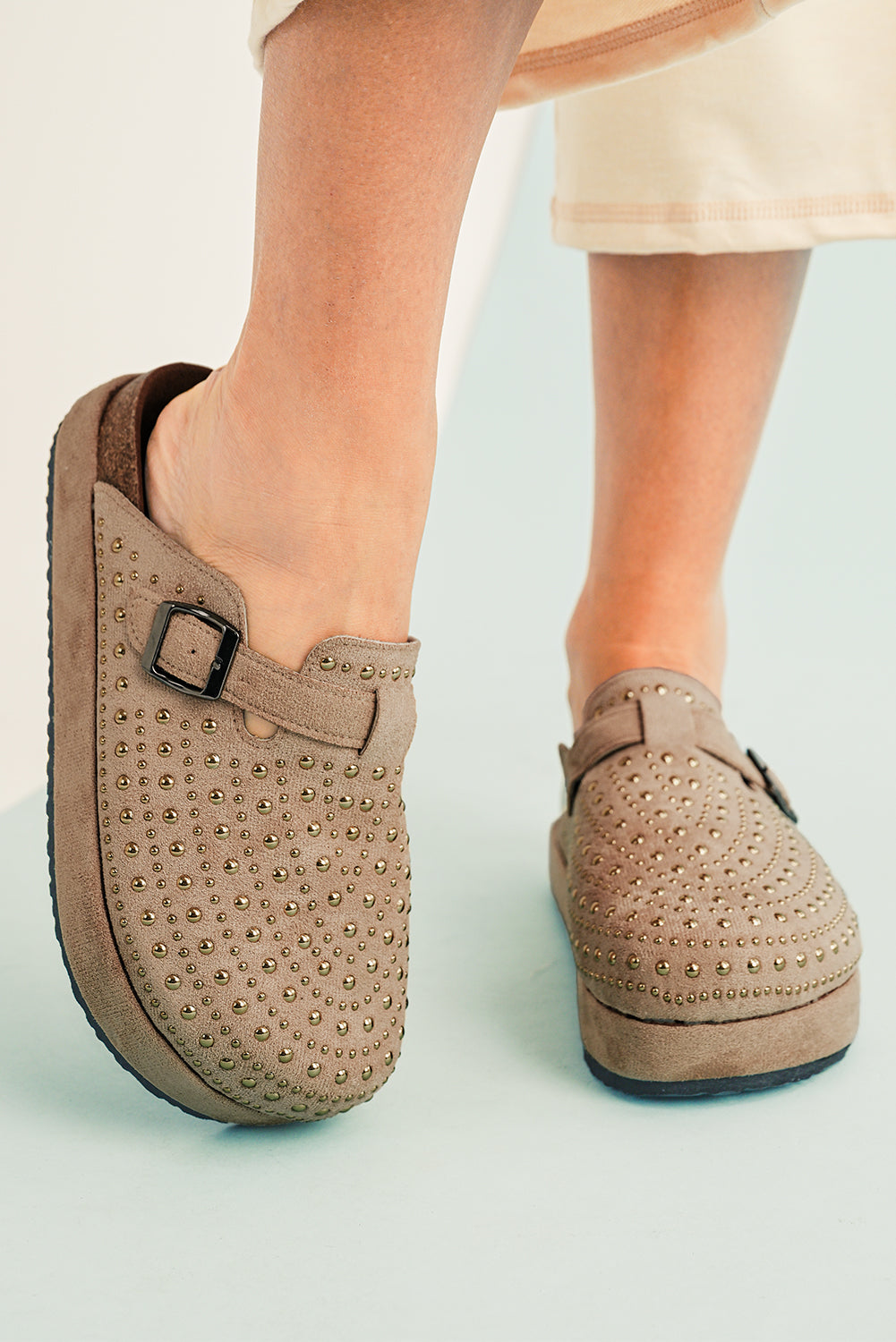 Black Rivet Buckle Closed Toe Platform Slippers