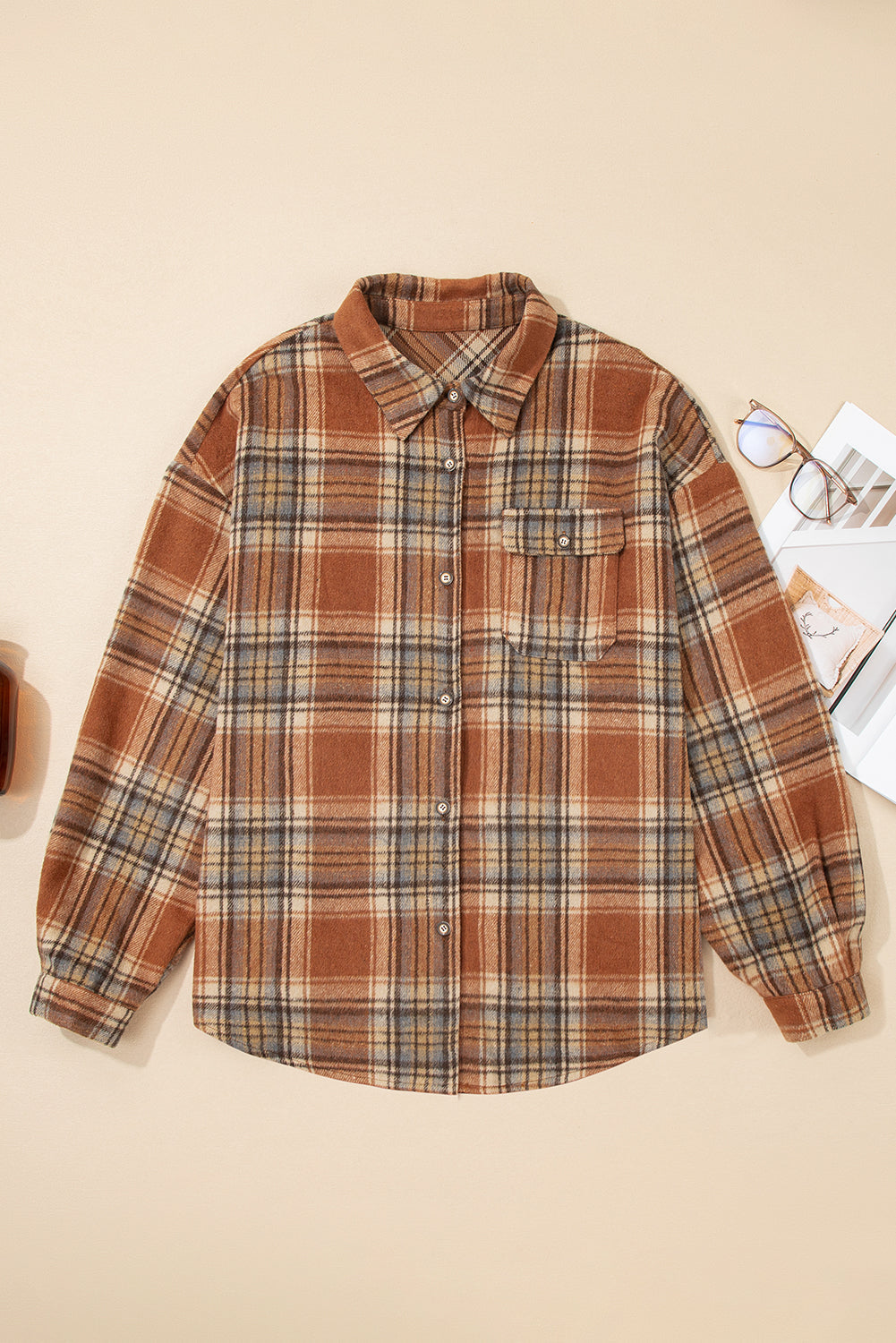 Brown Plaid Print Flap Pocket Buttoned Plus Size Shacket