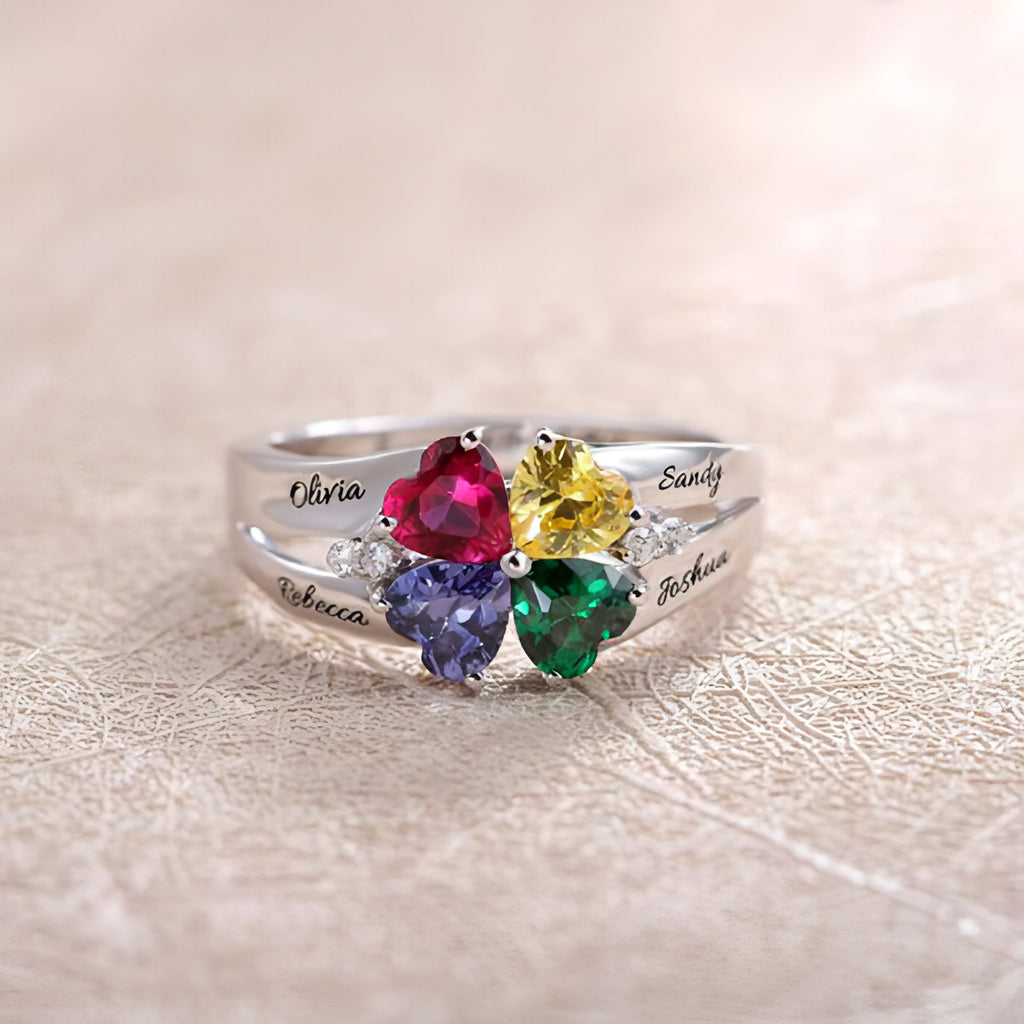 Personalized And Engraved Heart Assortment Birthstones Silver Ring