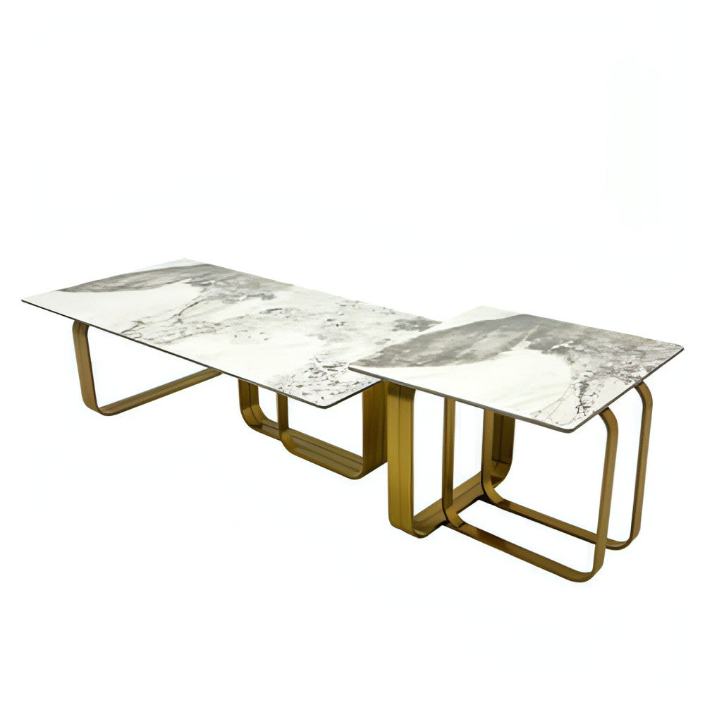 LuneluX_Home – Modern Sintered Stone Coffee Table Set with Gold Frame (2 pcs)