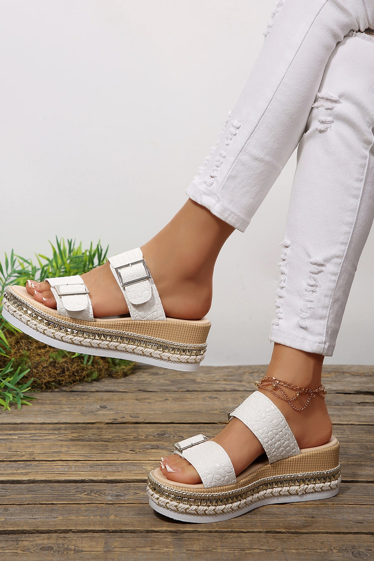 White Metallic Textured PU Leather Buckle Wedge Platform Slippers