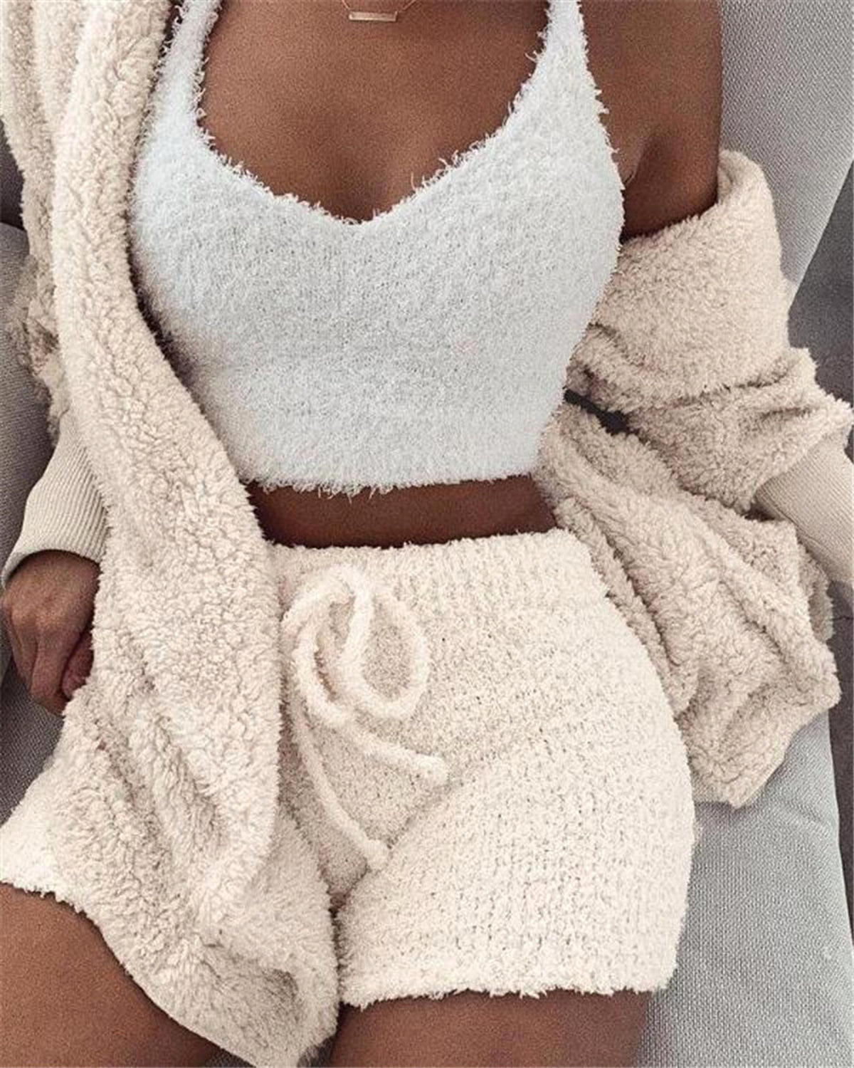 3pcs Women's Loungewear Set – Cozy Crop Tank, Drawstring Shorts & Long Sleeve Top - enhanced image 1
