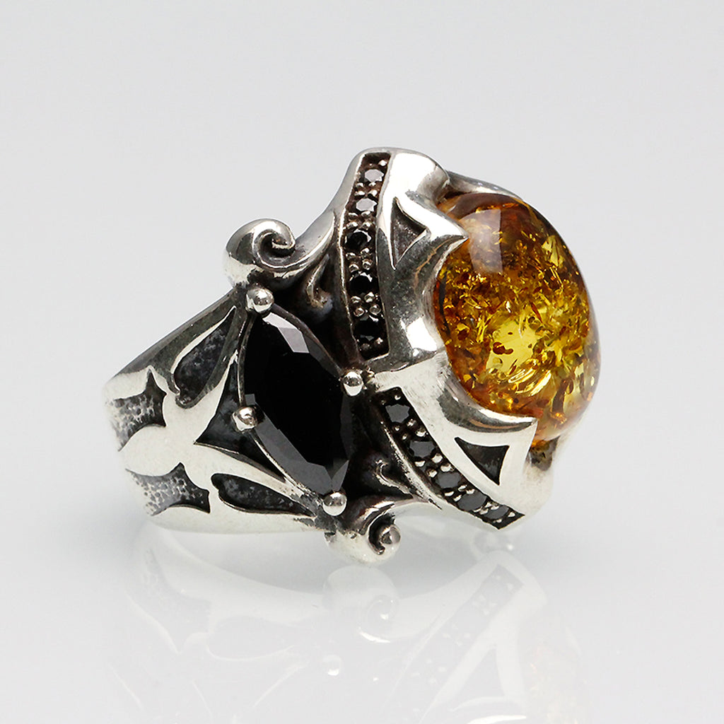 925 Thai Silver Ring Retro Gem Black Stone Amber - enhanced image 1