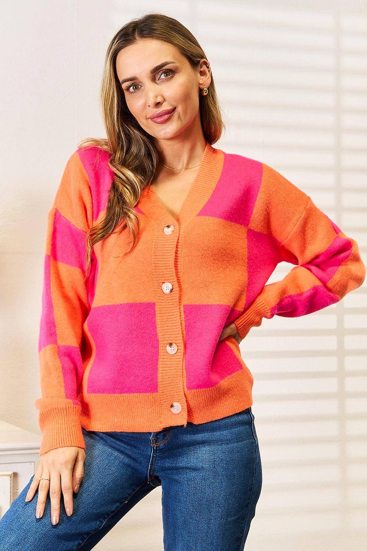 Angel Wings Woven Right Checkered V-Neck Dropped Shoulder Cardigan - enhanced image 1