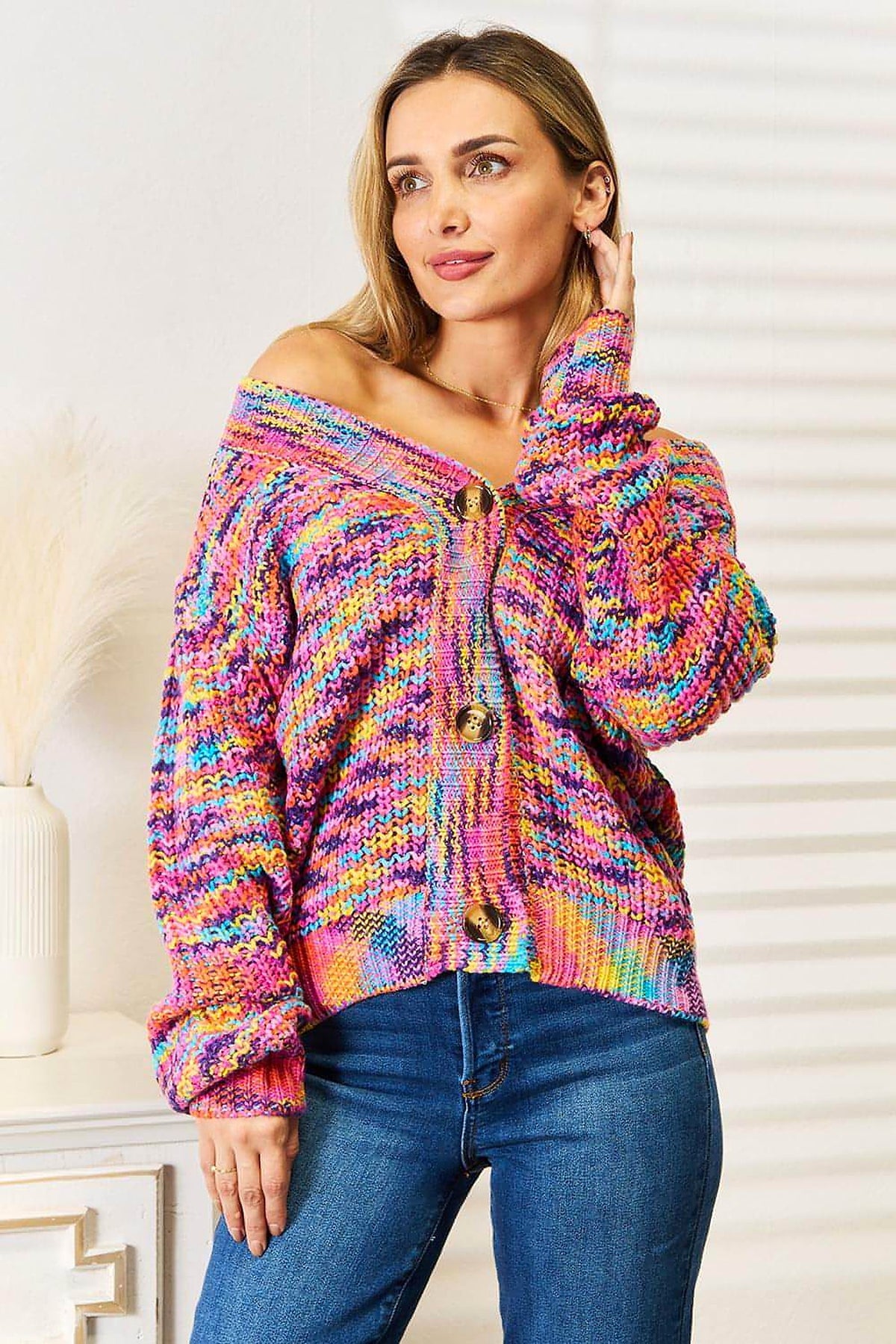 Angel Wings Woven Right V-Neck Long Sleeve Cardigan - enhanced image 1