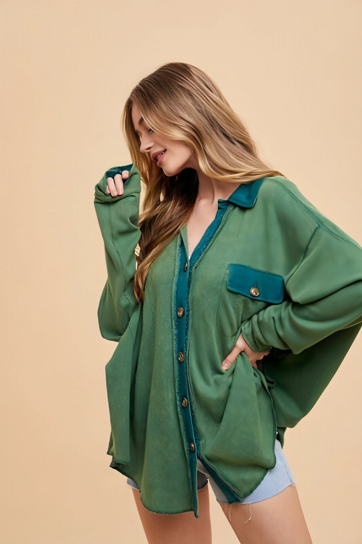Annie Wear Waffle-Knit Mineral Washed Button Down Shirt - enhanced image 1