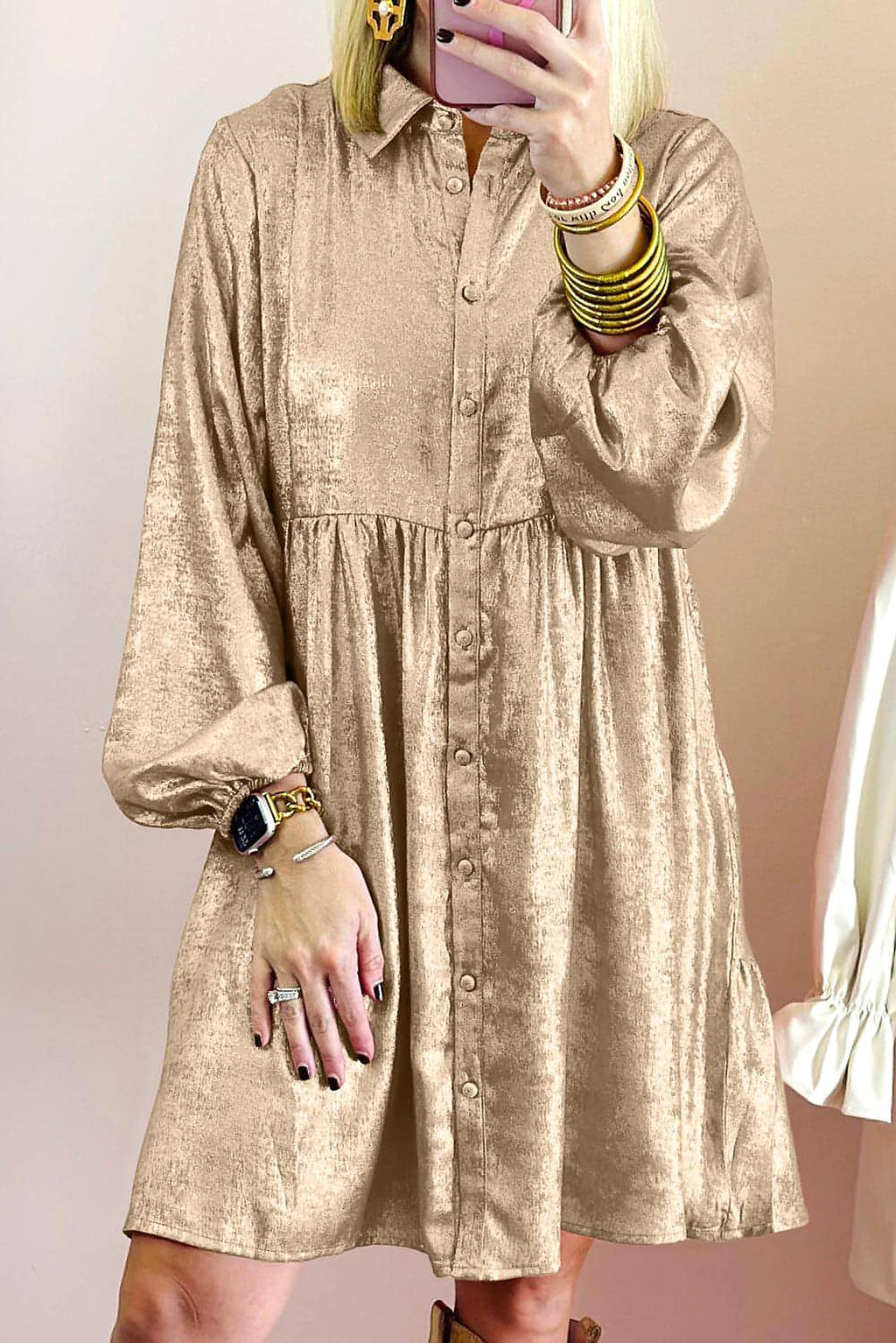 Apricot Metallic Sheen Puff Sleeve Button Up Mini Shirt Dress - enhanced image 1