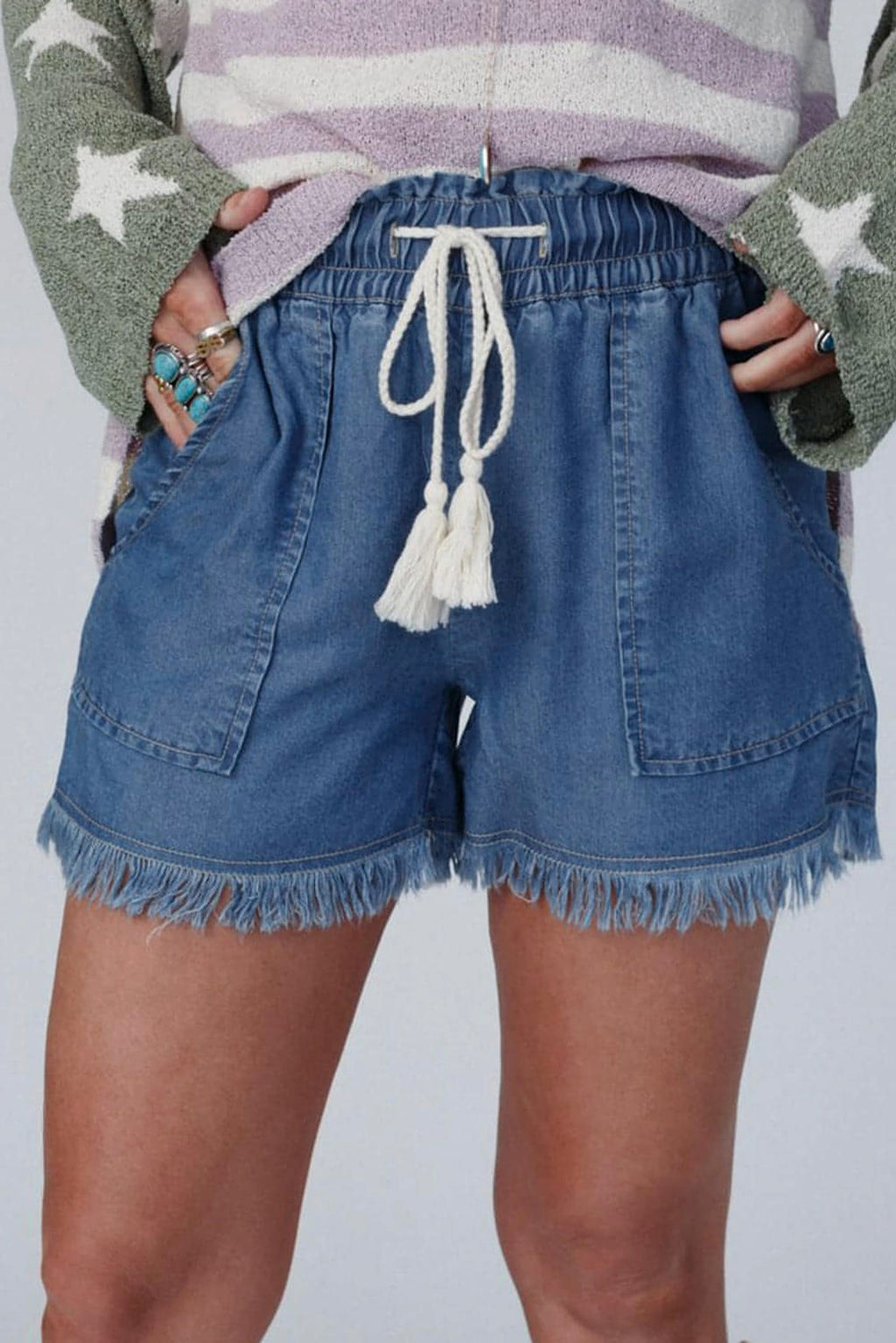 Ashleigh Blue Raw Hem Drawstring High Waist Denim Shorts with Pockets - enhanced image 1