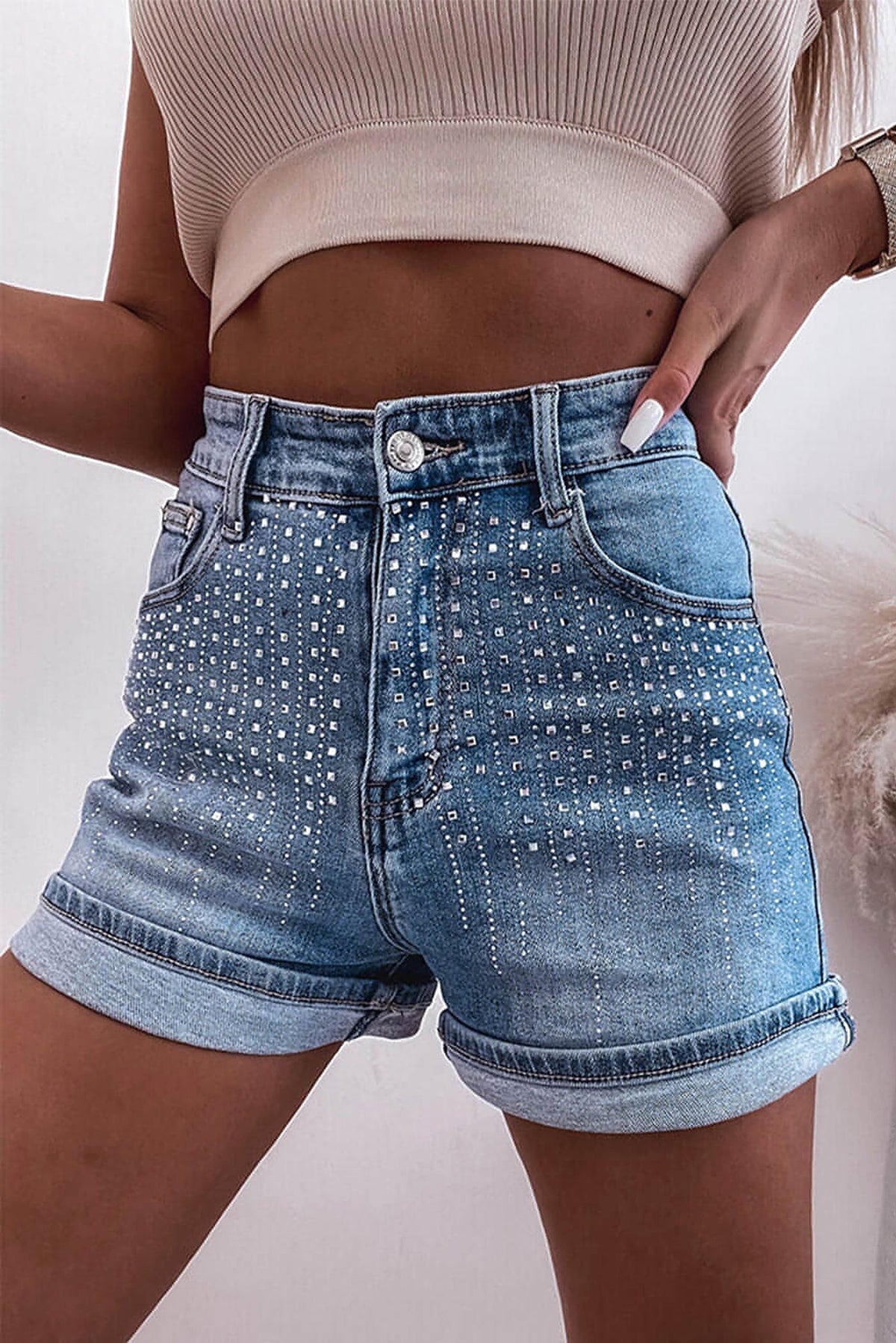 Ashleigh Blue Rhinestone Embellished Denim Shorts - enhanced image 1