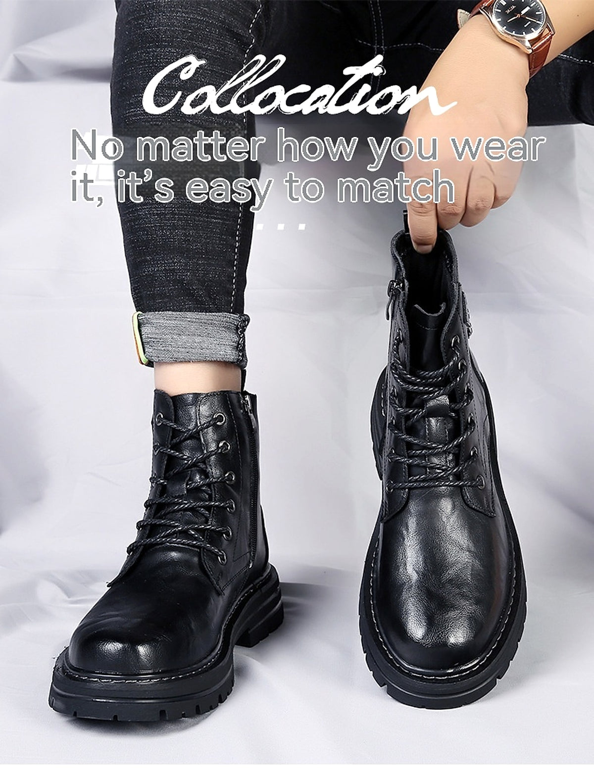 Autumn And Winter Cowhide Casual Mens Boots Thick Bottom Round Toe Warm - enhanced image 1