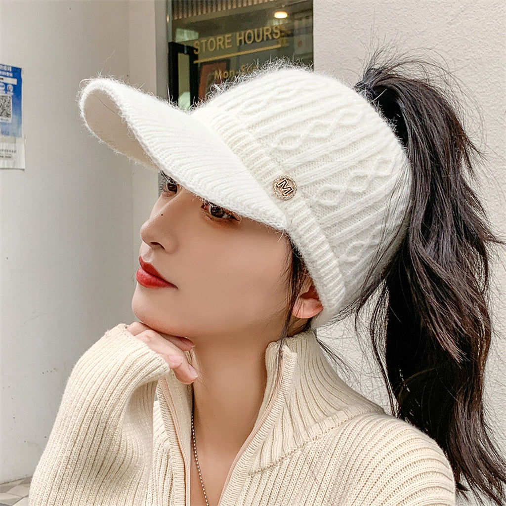 Autumn And Winter Korean Style Versatile Knitted Rabbit Fur Knitted Hat Fleece-lined Thick Warm Earflaps Peaked Cap - enhanced image 1