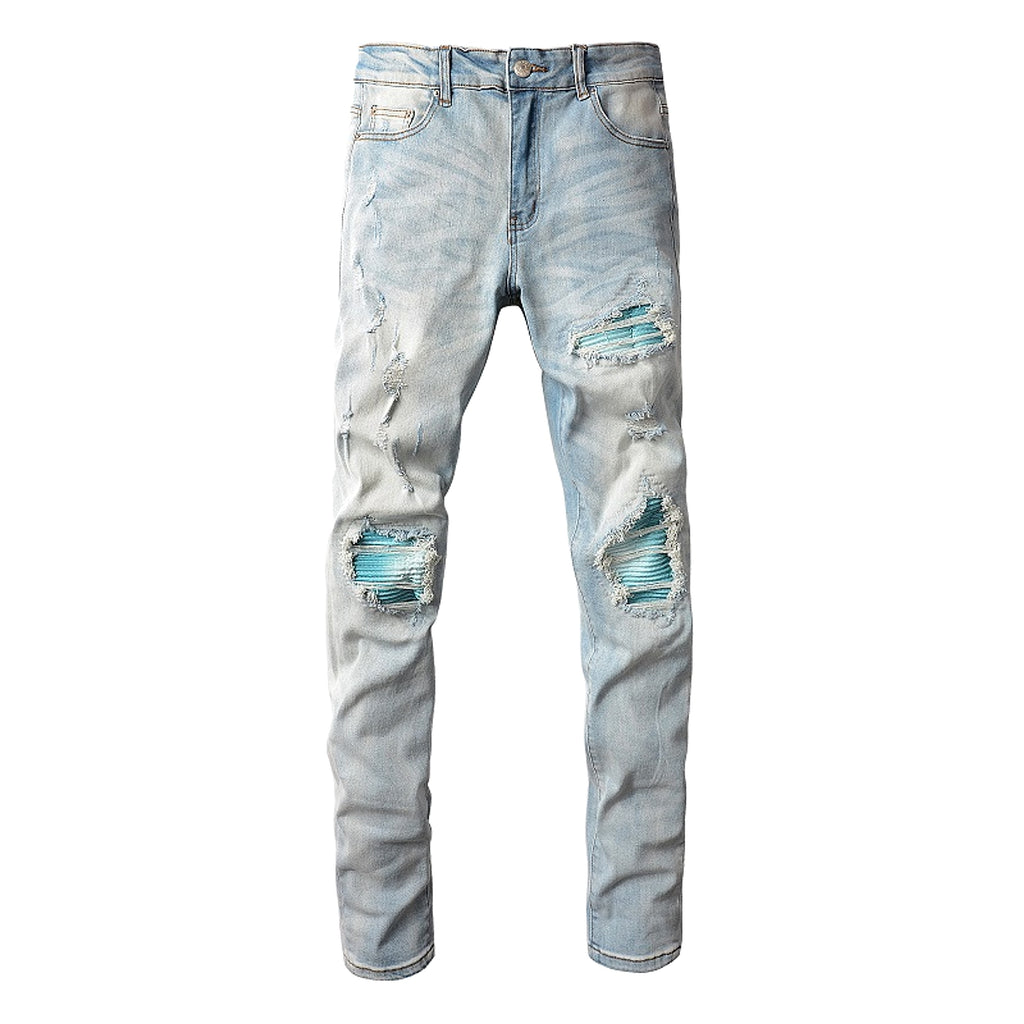 Baby Blue Wash Water Worn Patch Torn Jeans Male - enhanced image 1