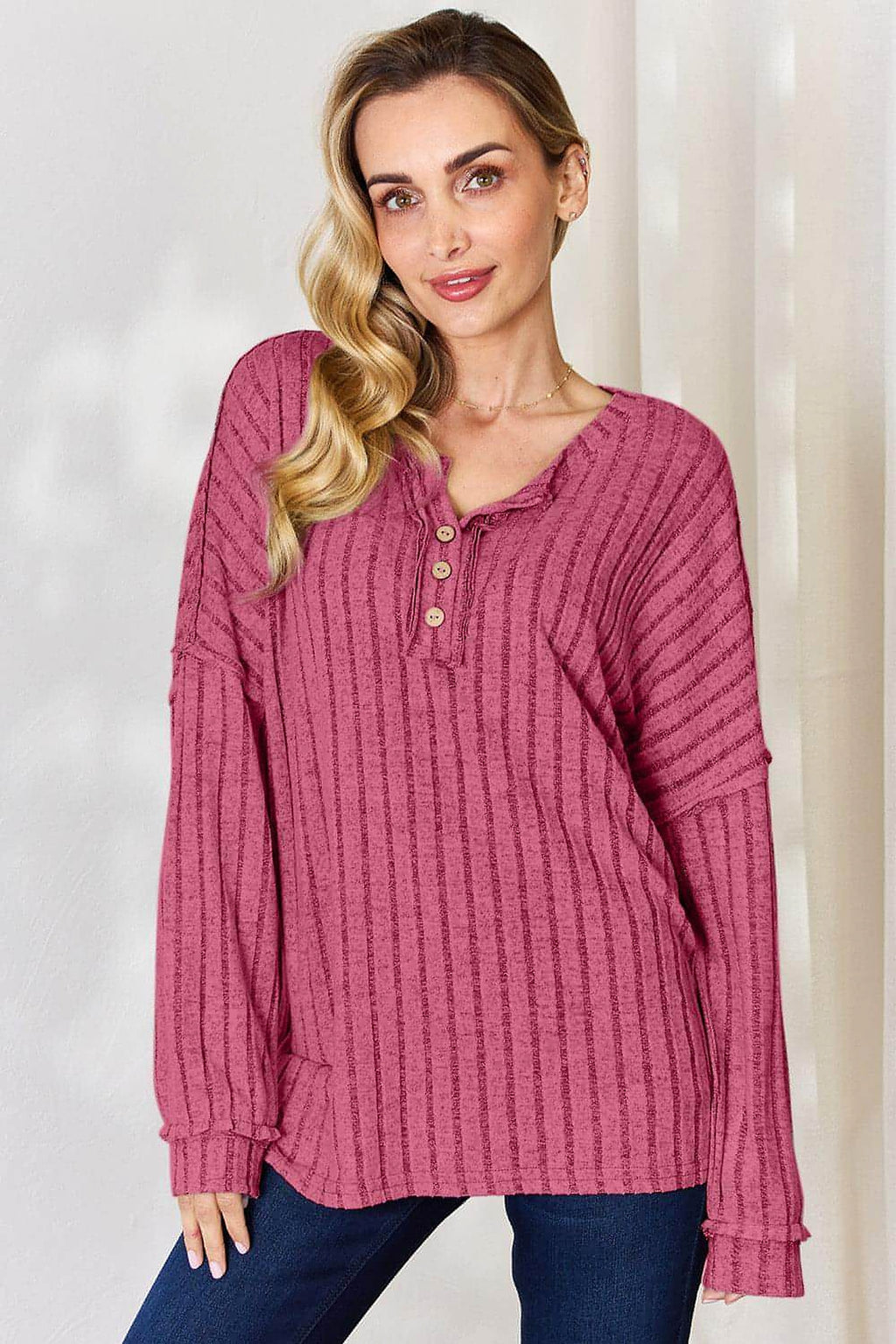Basic Bae Full Size Ribbed Half Button Long Sleeve T-Shirt - enhanced image 1