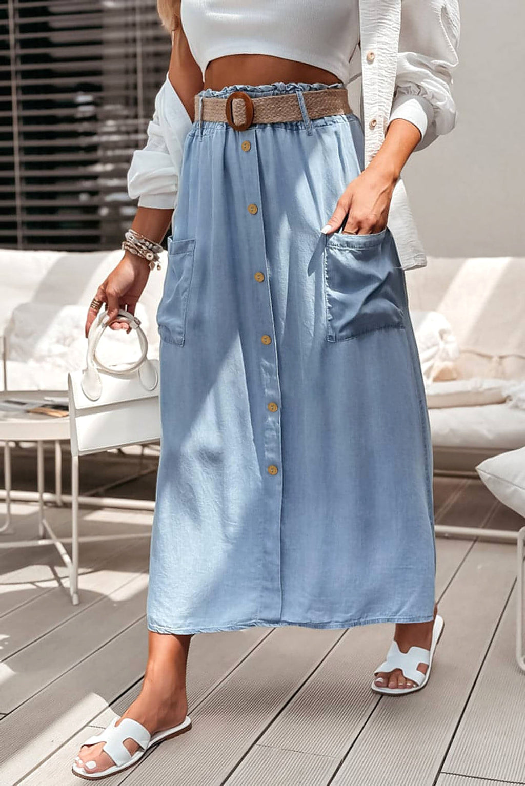Beau Blue Buttoned Front High Waist Side Pockets Denim Maxi Skirt - enhanced image 1