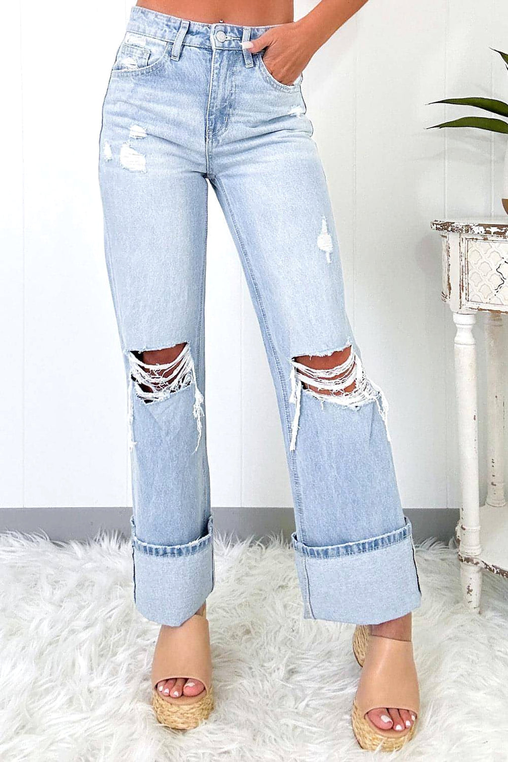 Beau Blue Light Wash Distressed Flare Jeans - enhanced image 1
