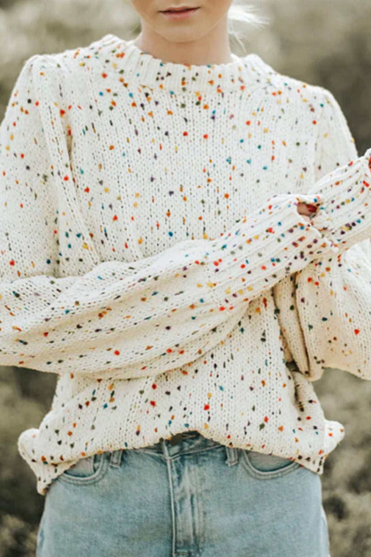 Beige Colorful Confetti Dots Cable Knit Crew Neck Sweater - enhanced image 1