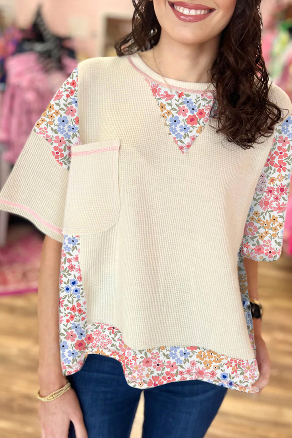 Beige Floral Patchwork Chest Pocket Wide Sleeve Waffle T Shirt - enhanced image 1