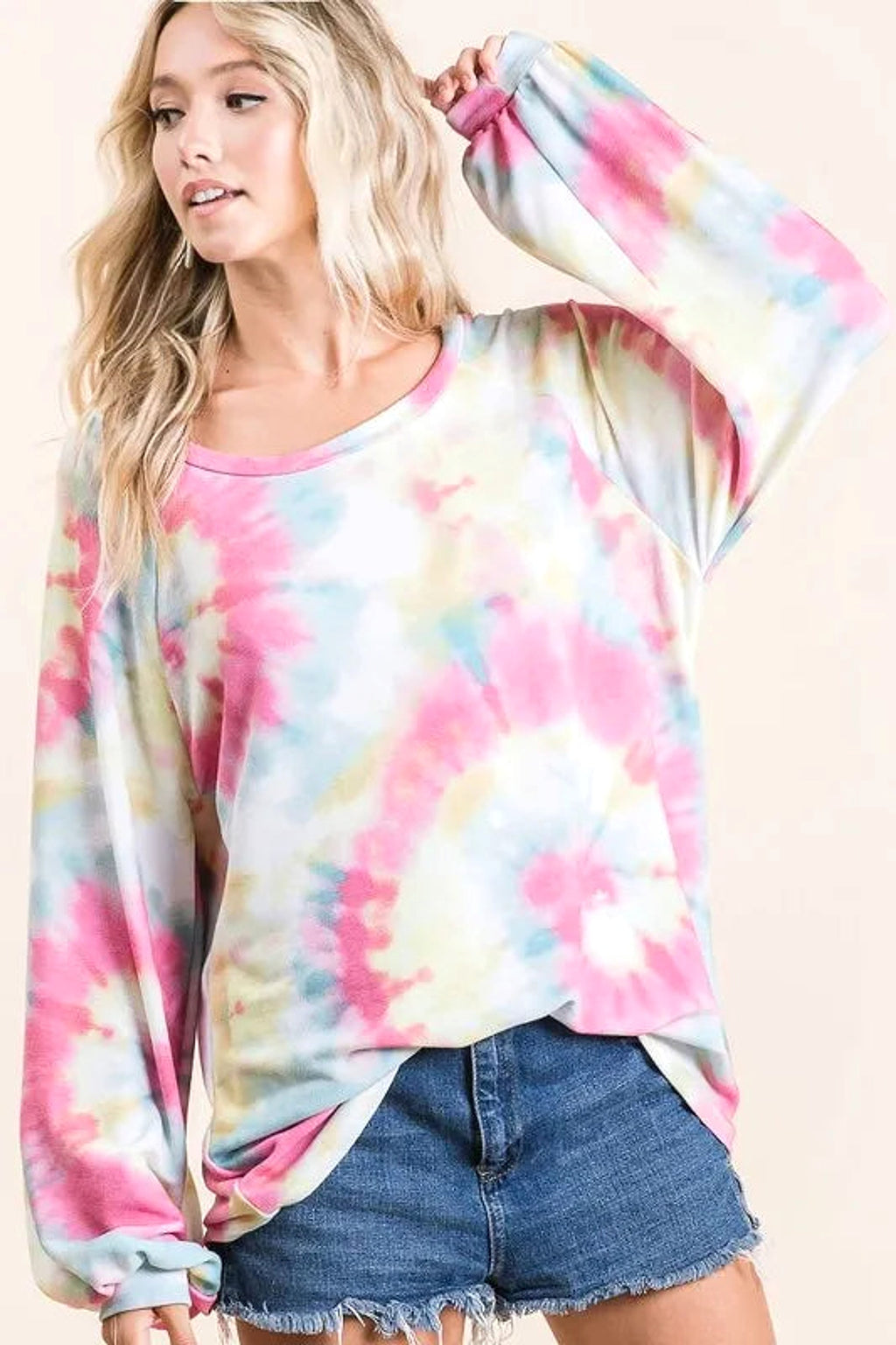 BiBi Tie Dye Print Terry Top With Puff Sleeves - enhanced image 1