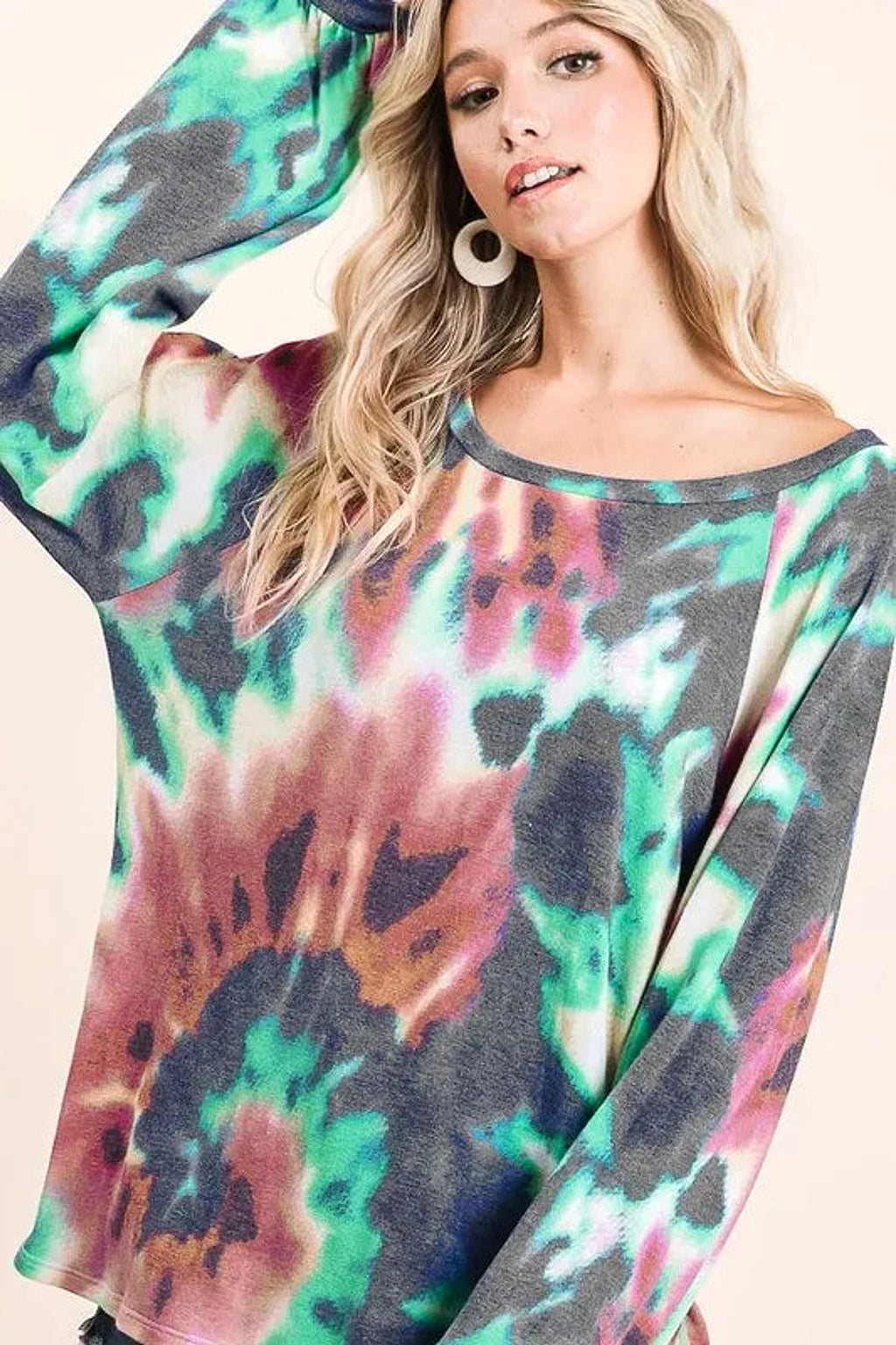 BiBi Tie Dye Print Terry Top with Puff Sleeves - enhanced image 1
