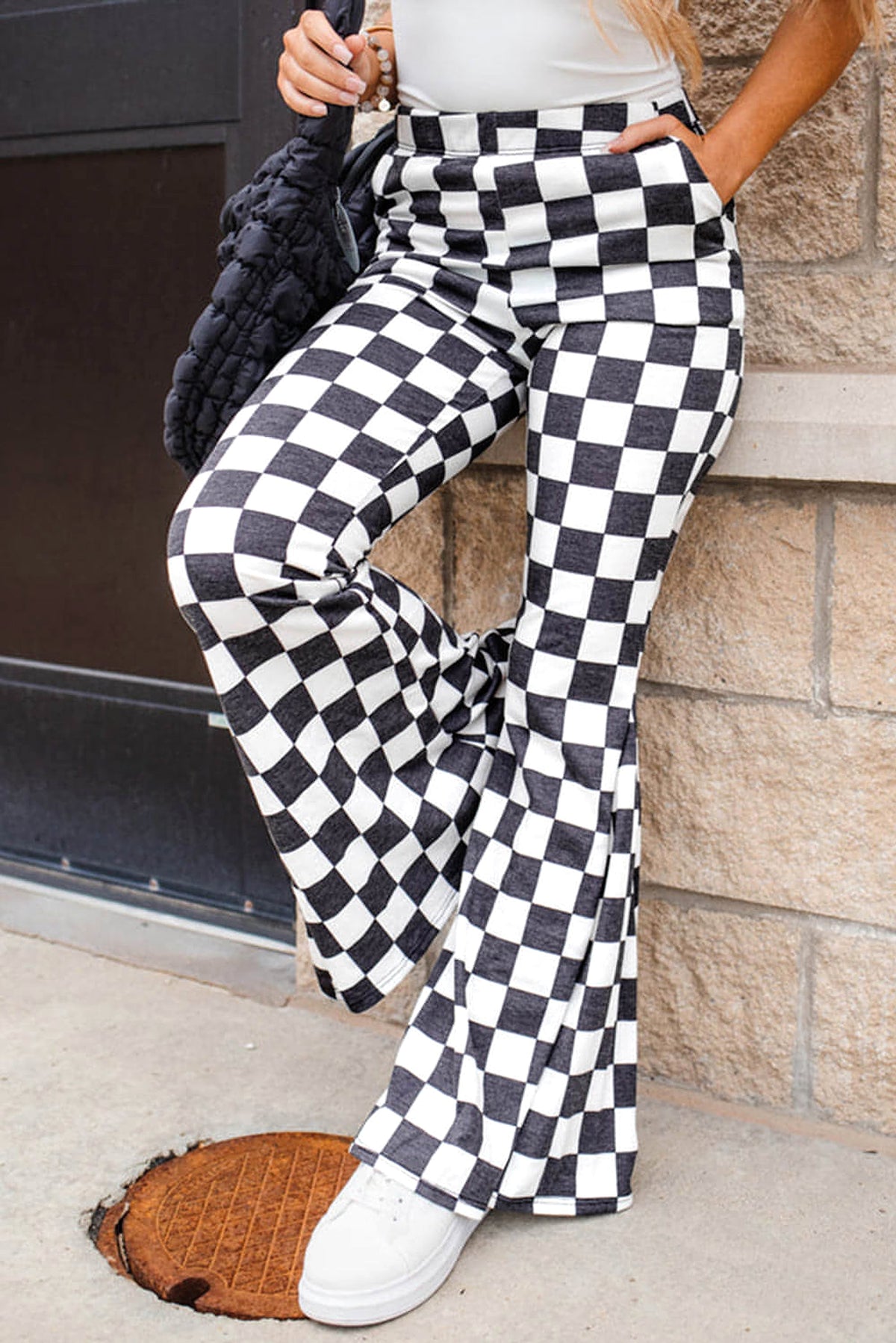 Black Checkerboard High Rise Casual Flared Pants - enhanced image 1