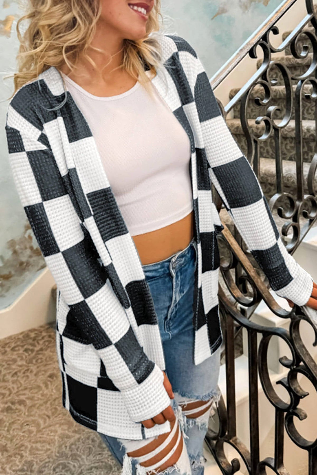 Black Checkered Waffle Knit Thumbhole Open Front Cardigan - enhanced image 1