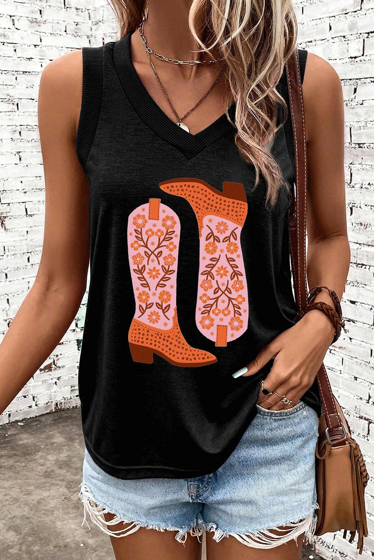 Black Cowgirl Floral Boots Printed Tank Top - enhanced image 1