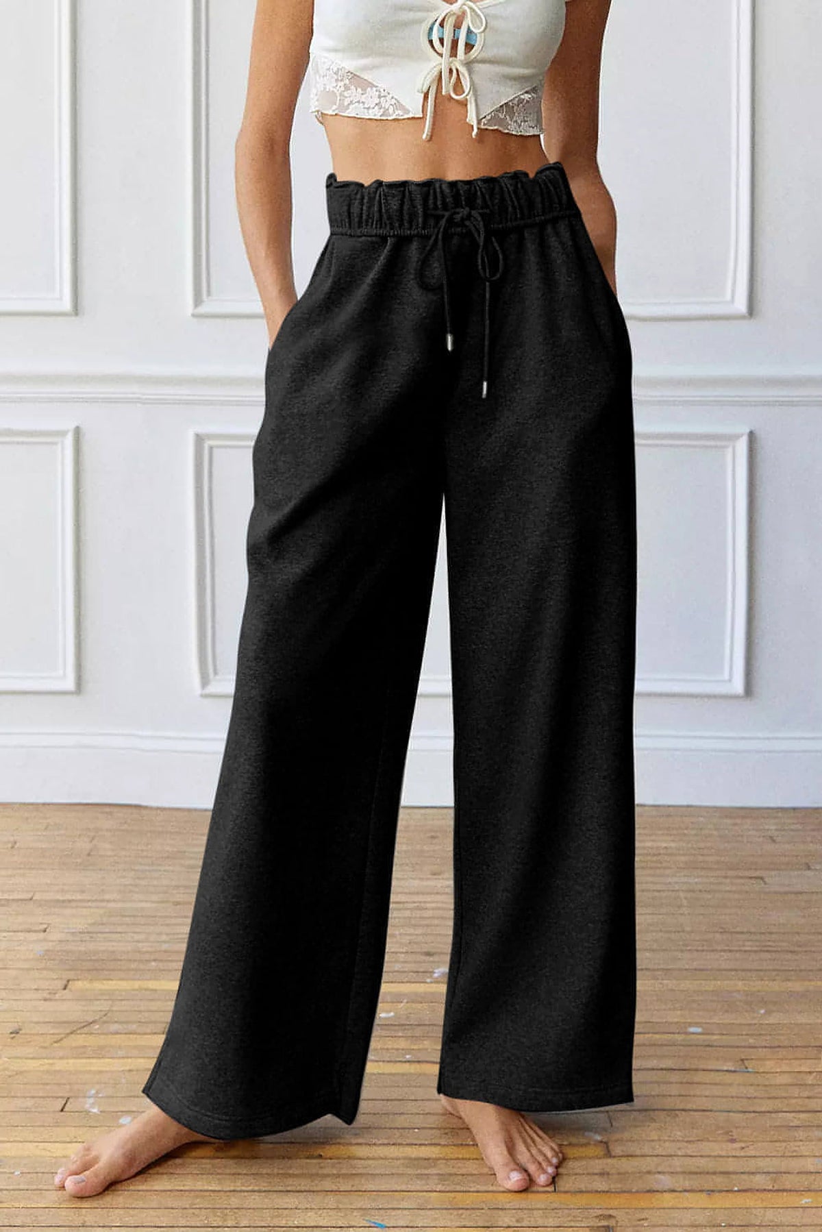 Black Elastic High Waist Drawstring Sweatpants - enhanced image 1