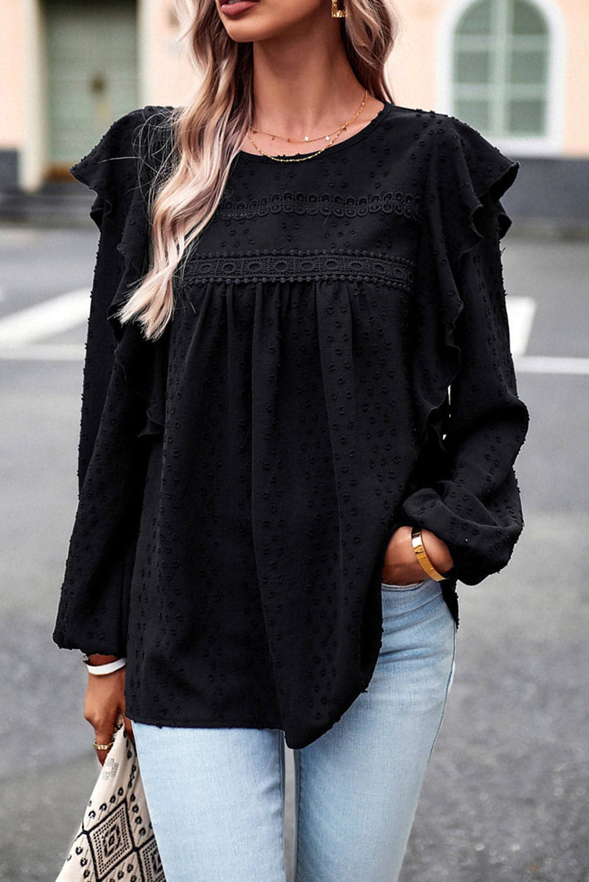 Black Lace Eyelet Ruffle Shoulder Long Sleeve Blouse - enhanced image 1