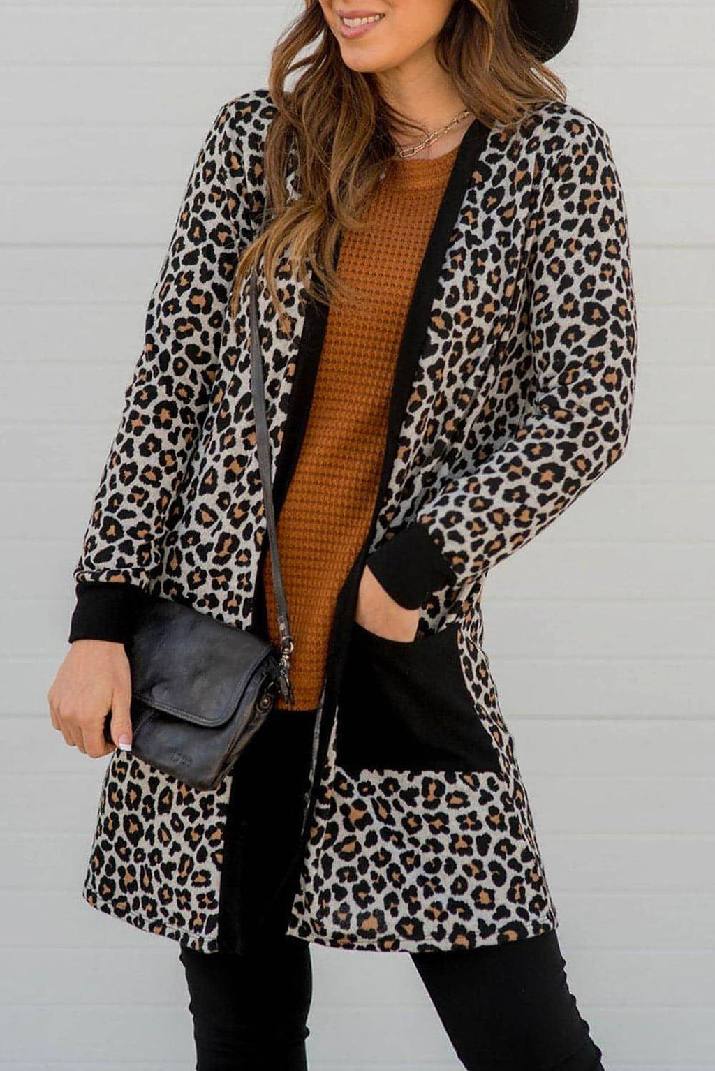 Black Leopard Patched Pocket Open Front Cardigan - enhanced image 1