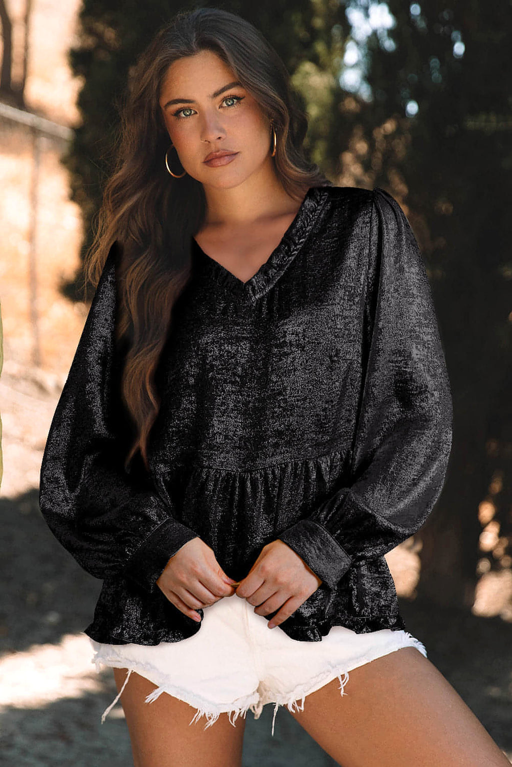 Black Metallic Frilled V Neck Puff Sleeve Babydoll Blouse - enhanced image 1