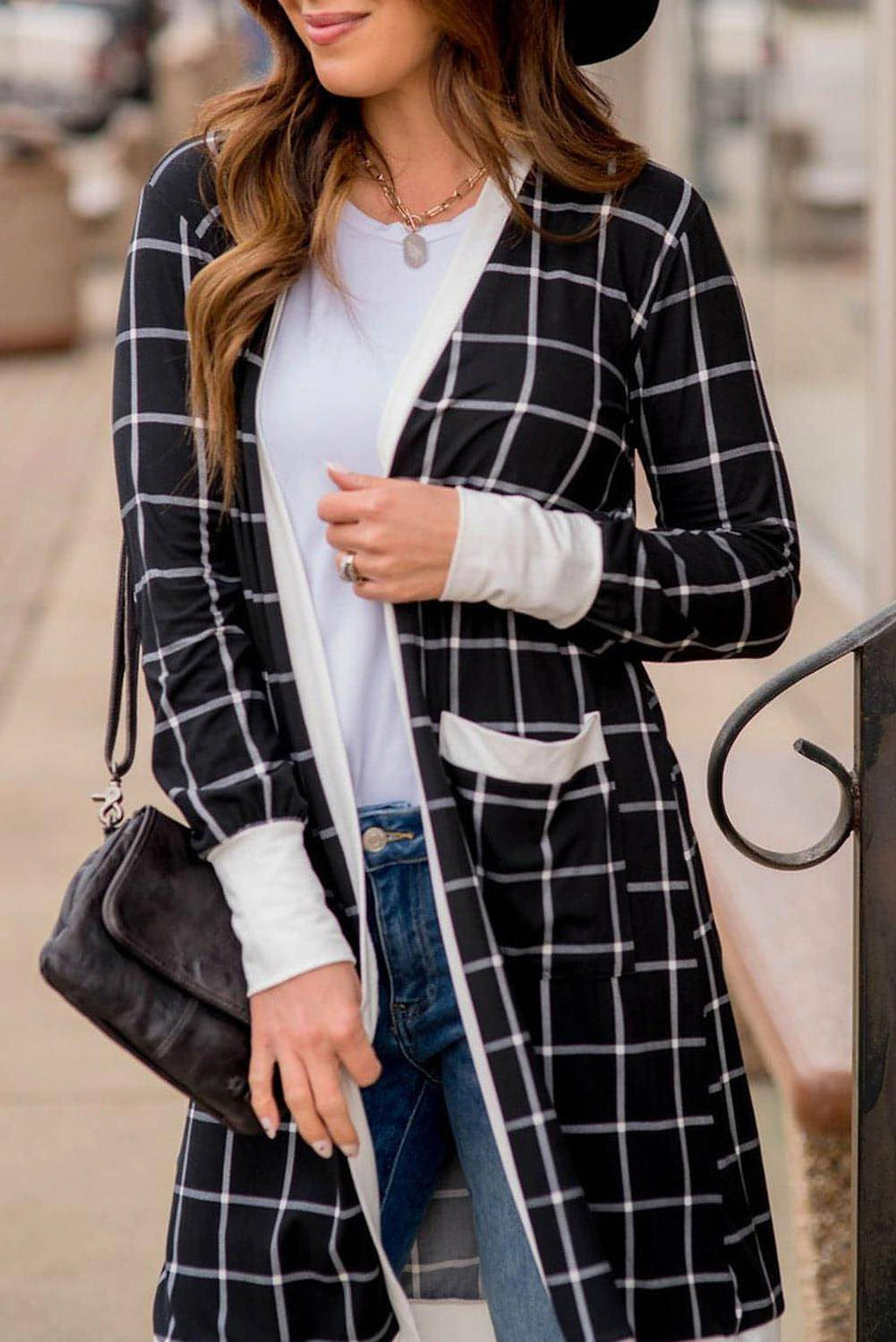 Black Plaid Colorblock Edge Open Cardigan with Pocket - enhanced image 1