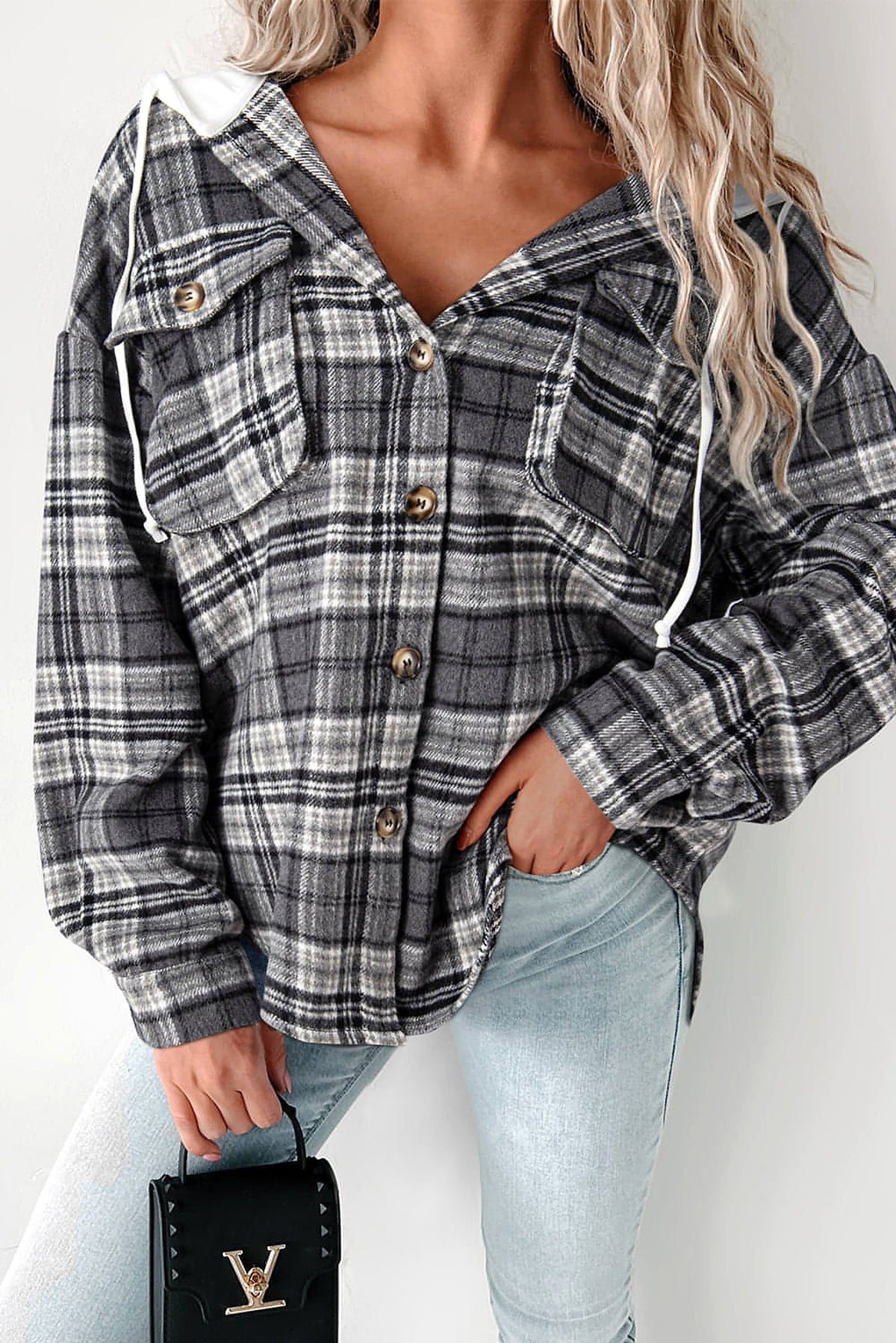 Black Plaid Print Flap Pockets Contrast Hooded Loose Shacket. - enhanced image 1