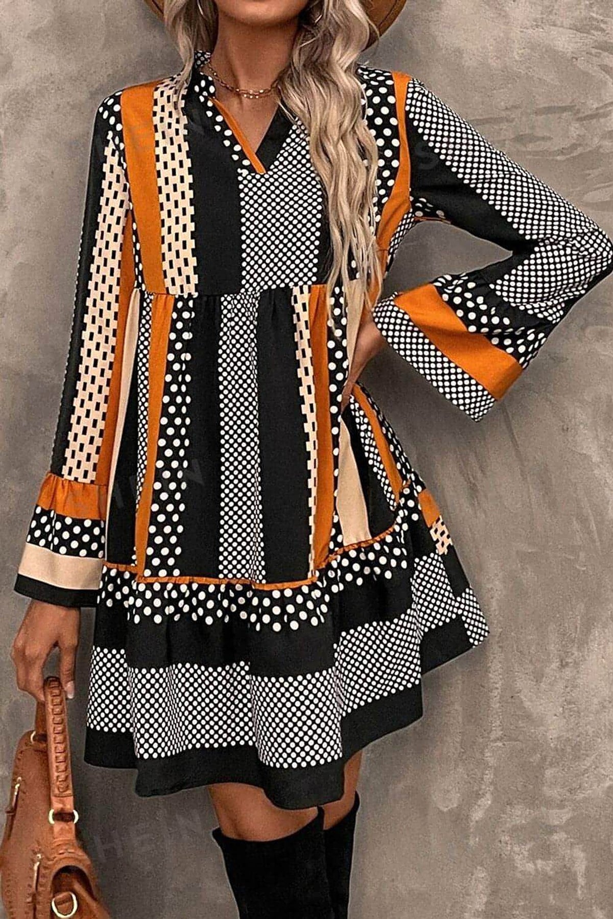 Black Striped Polka Dot Print Ruffled Hem V Neck Mini Dress - enhanced image 1