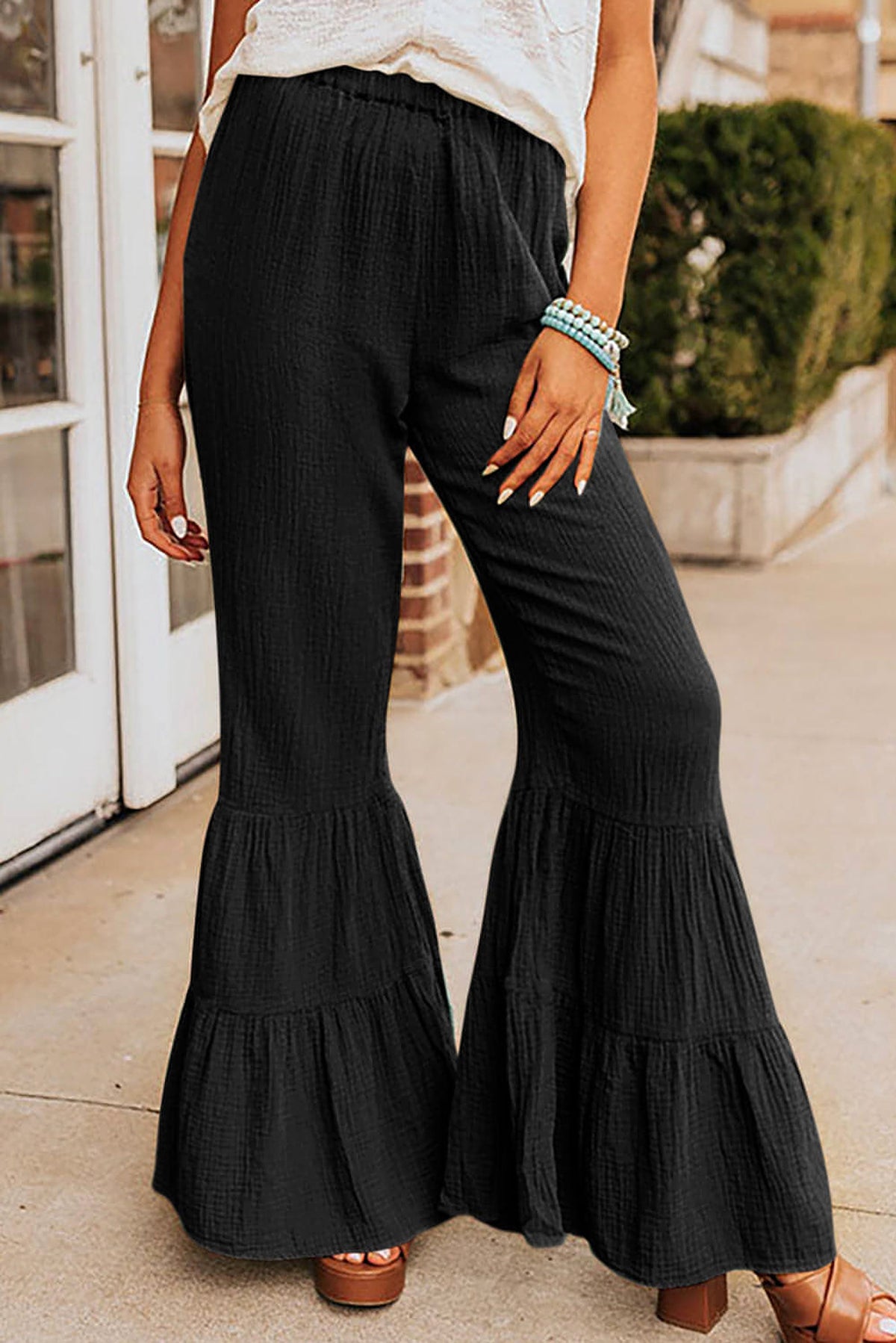 Black Textured High Waist Ruffled Bell Bottom Pants - enhanced image 1