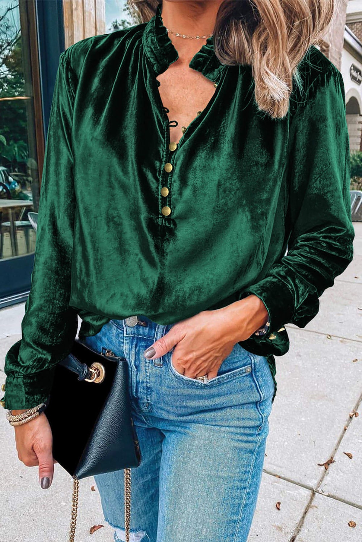 Blackish Green Frilled Neck Buttoned Front Velvet Top - enhanced image 1