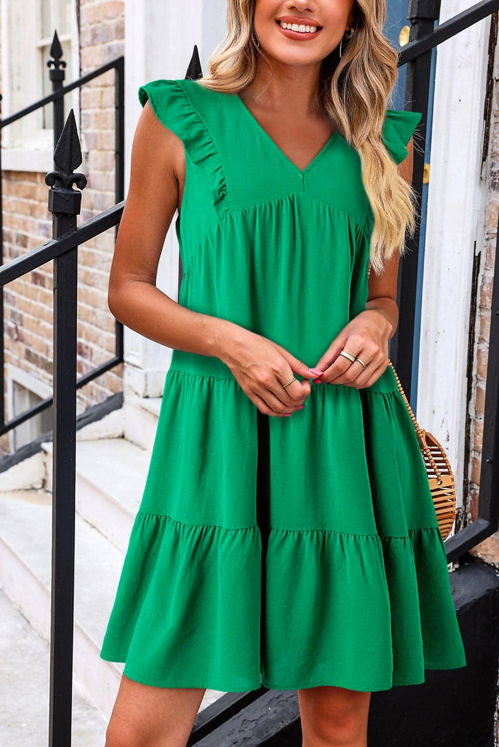 Bright Green Solid Color V Neck Ruffle Tiered Mini Dress - enhanced image 1
