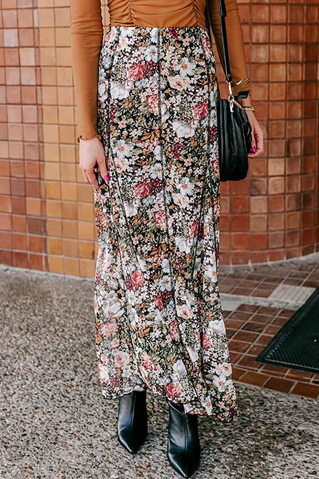 Brown Floral Print High Waist Maxi Skirt - enhanced image 1