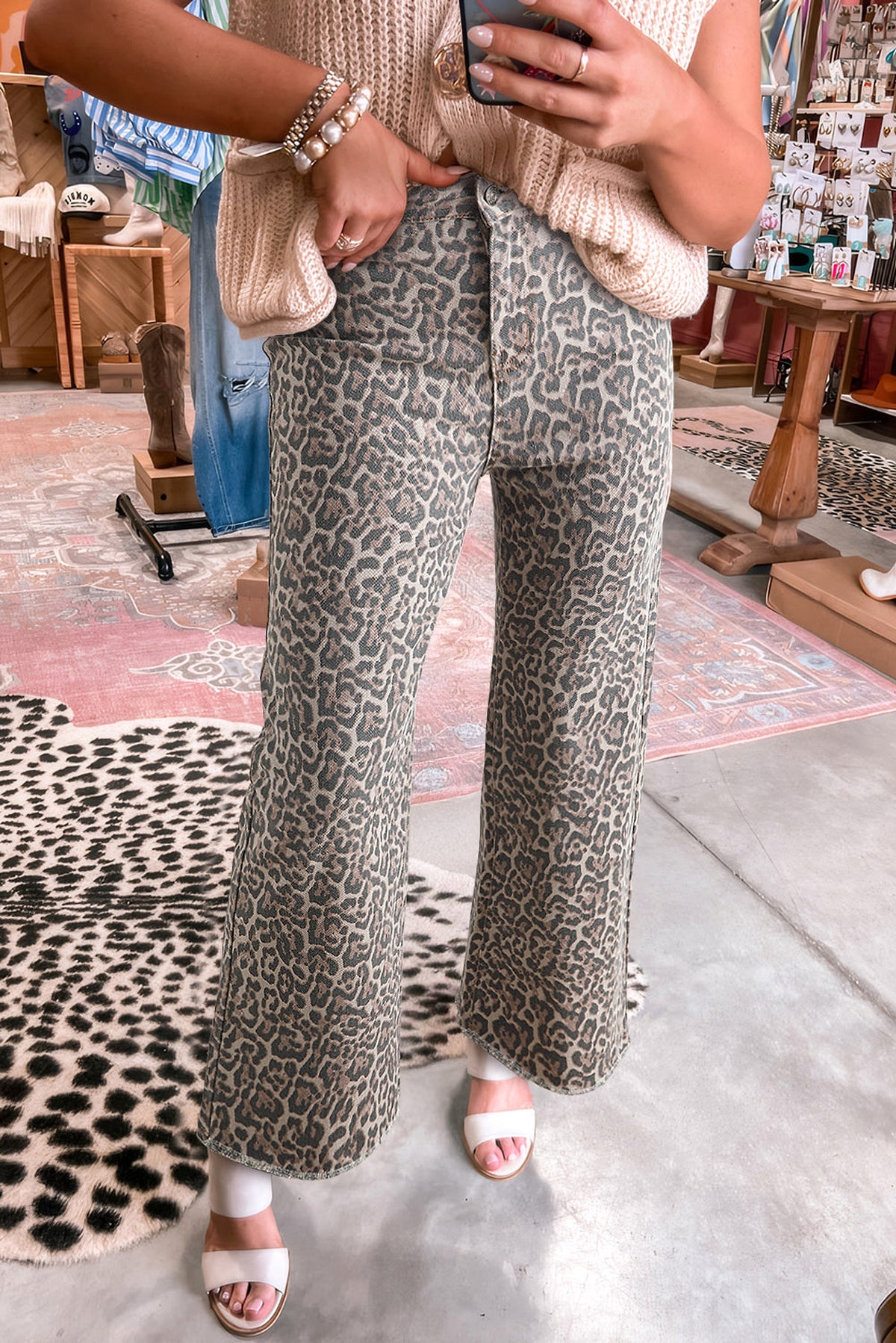 Brown Leopard Frayed Edge Wide Leg High Waist Jeans - enhanced image 1