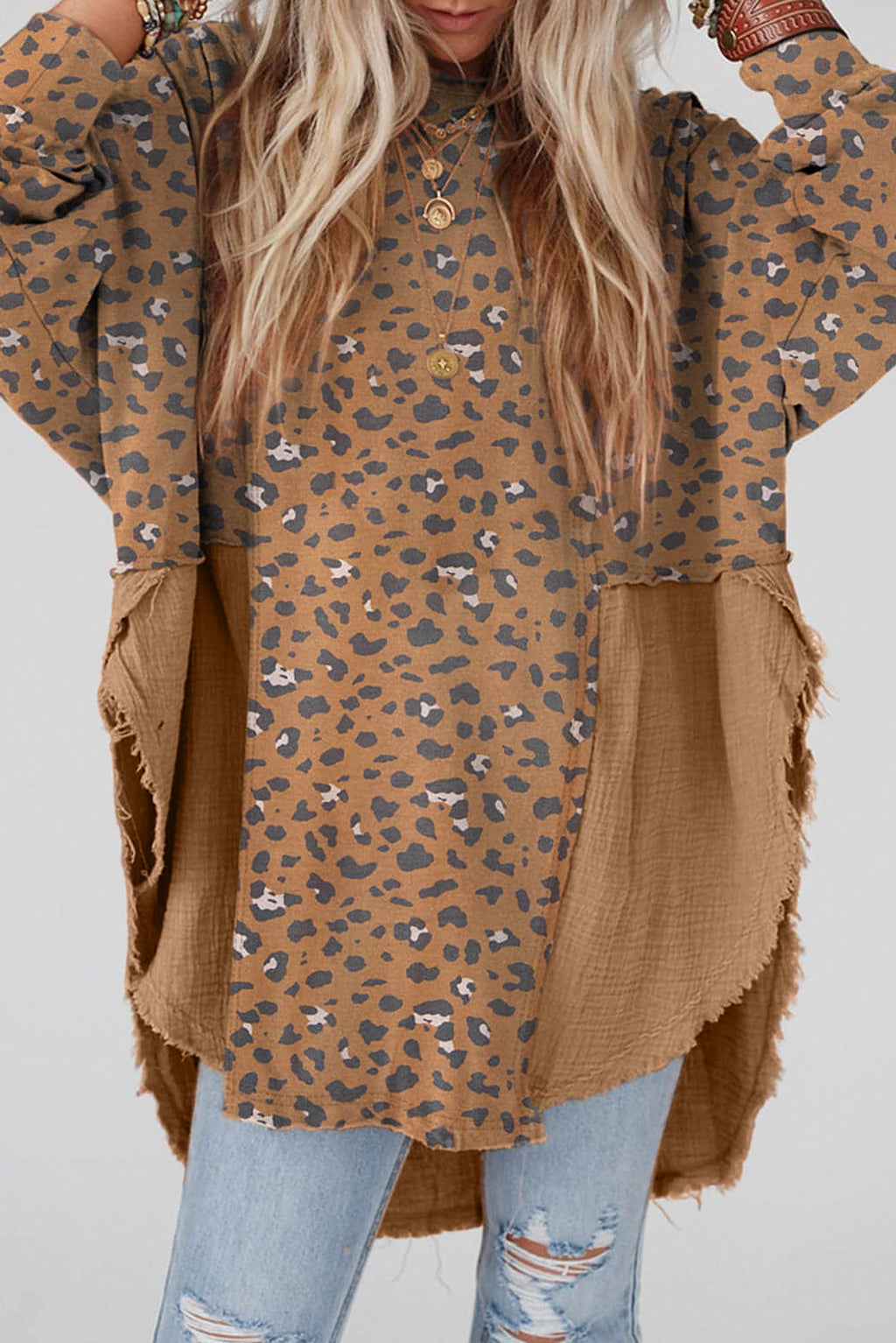 Brown Printed Raw Edge Leopard Patchwork Oversized Blouse - enhanced image 1
