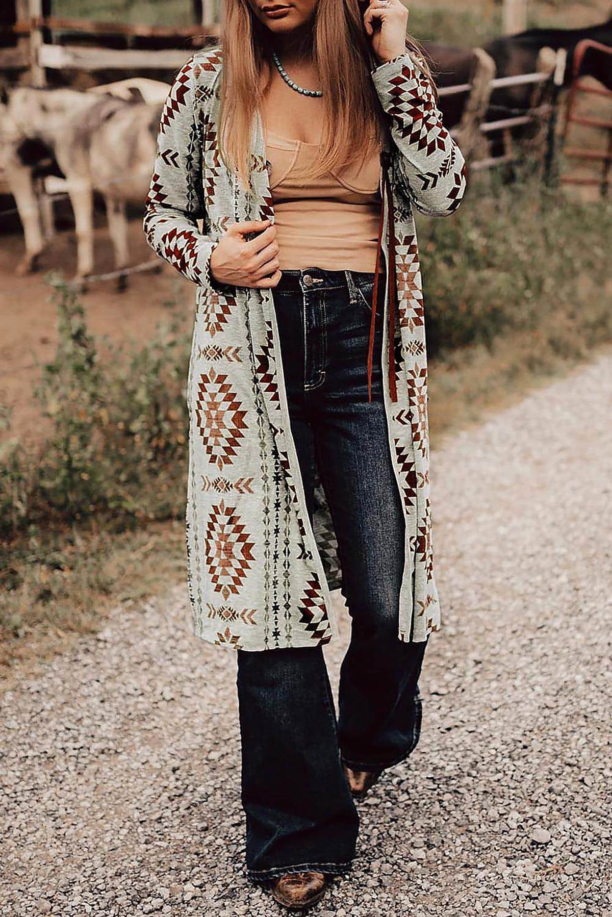Brown Western Aztec Printed Open Front Long Cardigan - enhanced image 1