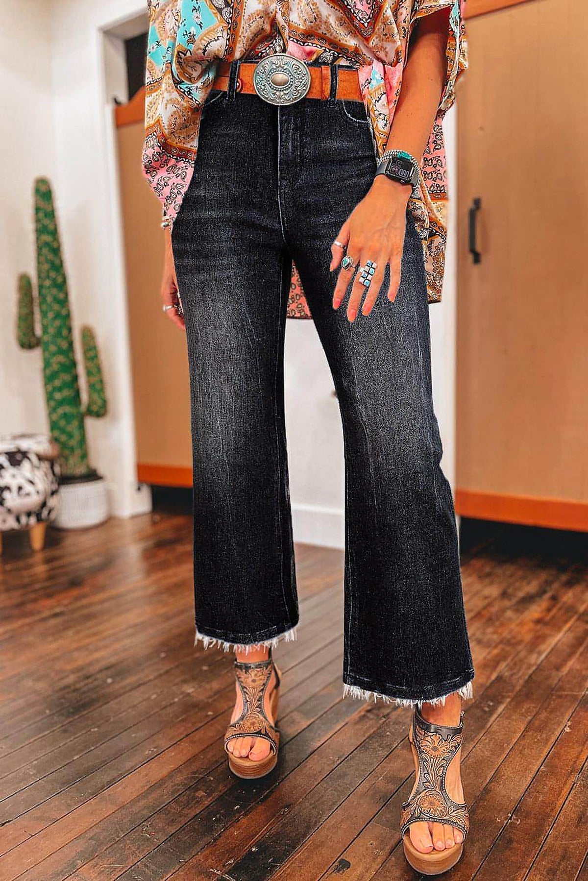 Carbon Grey Mineral Wash Raw Hem High Waist Flared Jeans - enhanced image 1