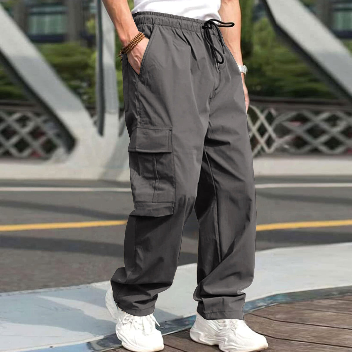 Casual Cargo Pants For Men Loose Straight Drawstring Waist Trousers With Pockets - enhanced image 1
