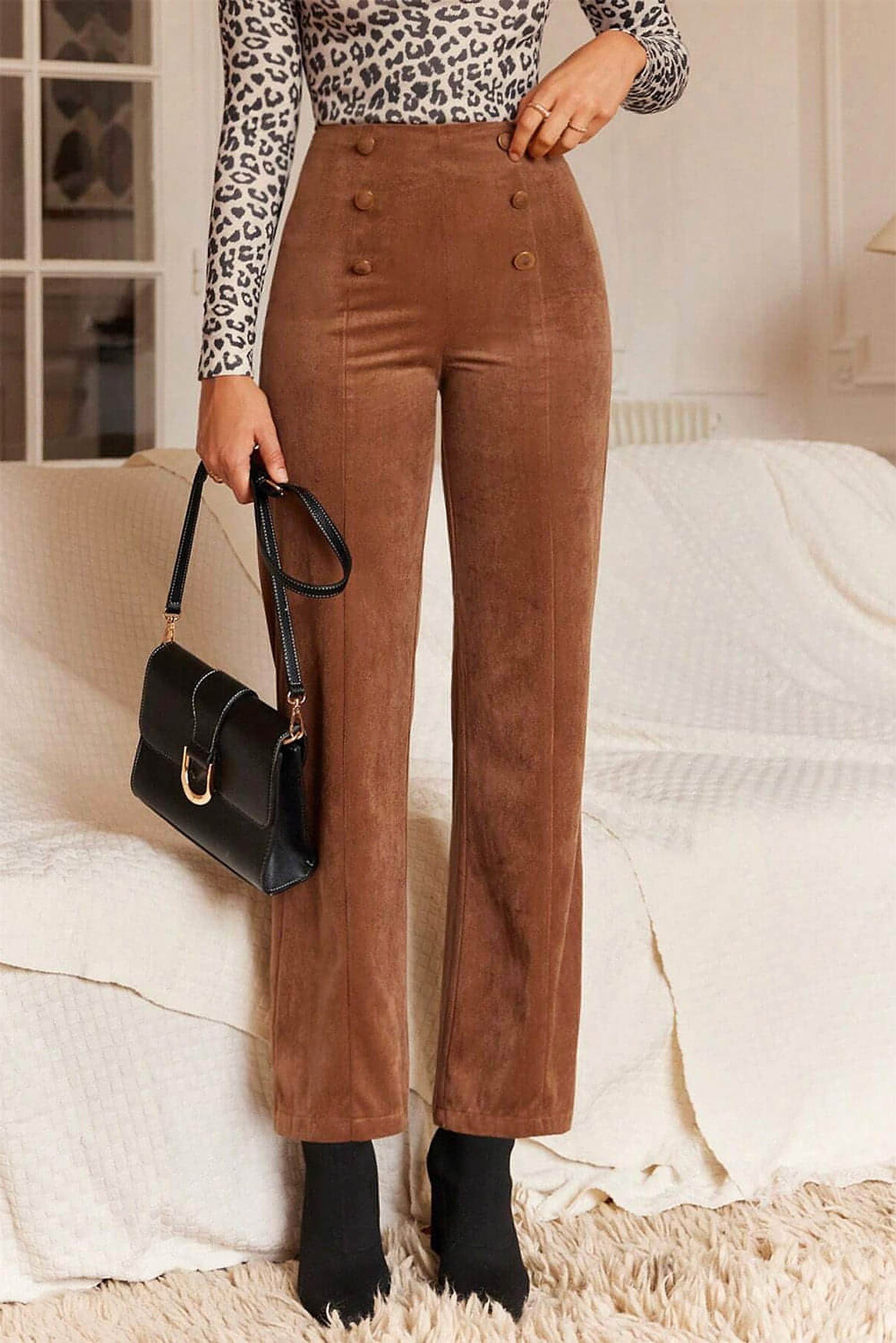 Chestnut Solid Color Double Breasted Straight Leg Pants - enhanced image 1