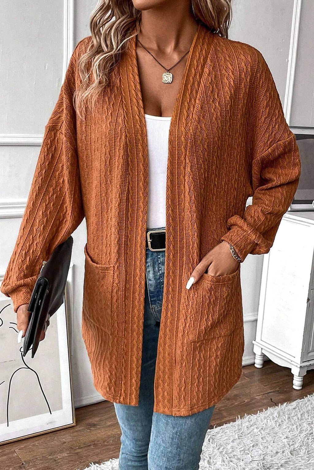 Chestnut Textured Knit Side Pockets Open Front Cardigan - enhanced image 1