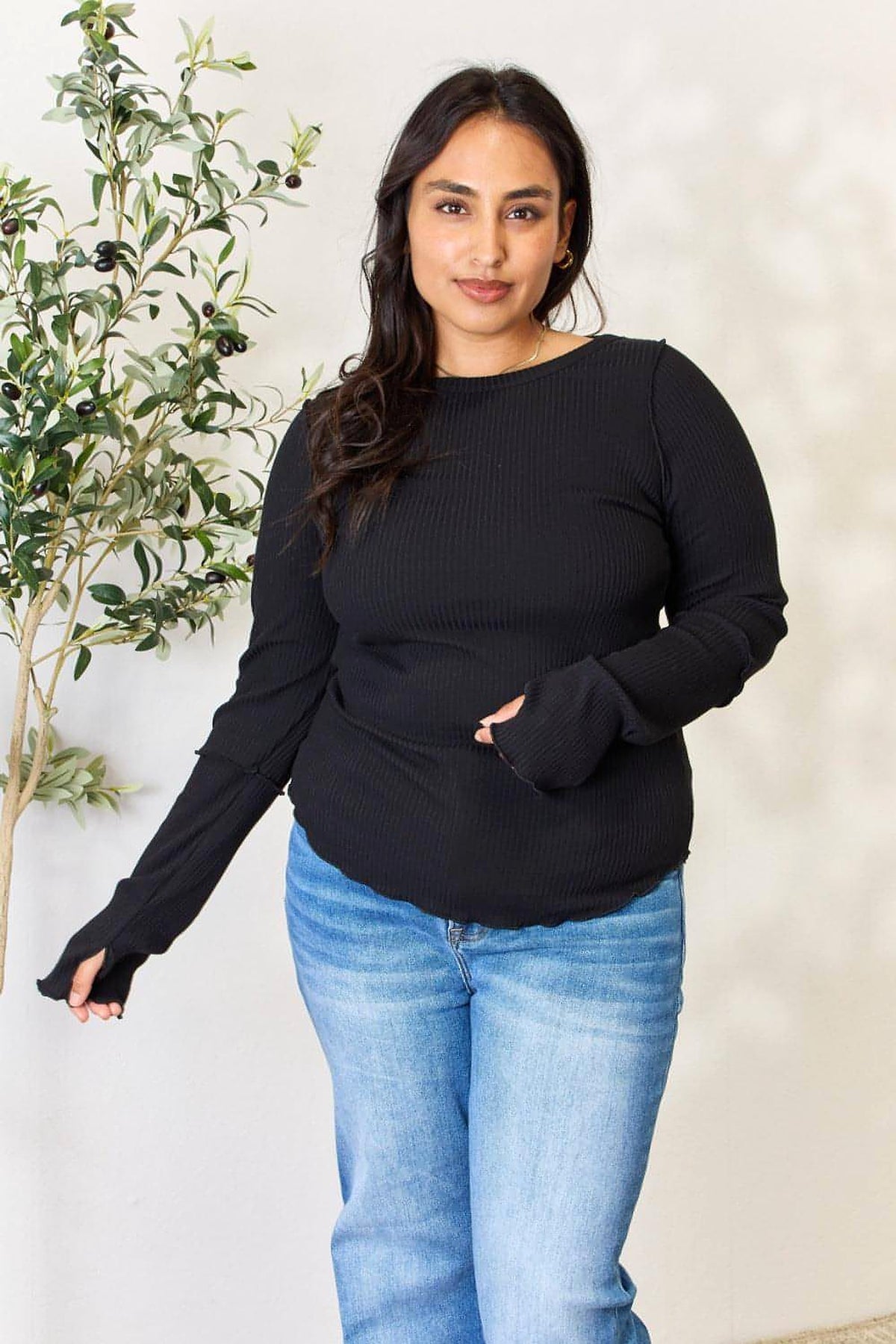 Culture Code Full Size Ribbed Round Neck Long Sleeve Top - enhanced image 1