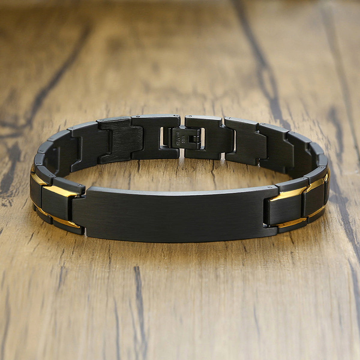 Custom Engraving Heavy Chain Bracelet 12mm Men's Black Matt Finish Curved Bar Charm Bracelet in Stainless Steel - enhanced image 1